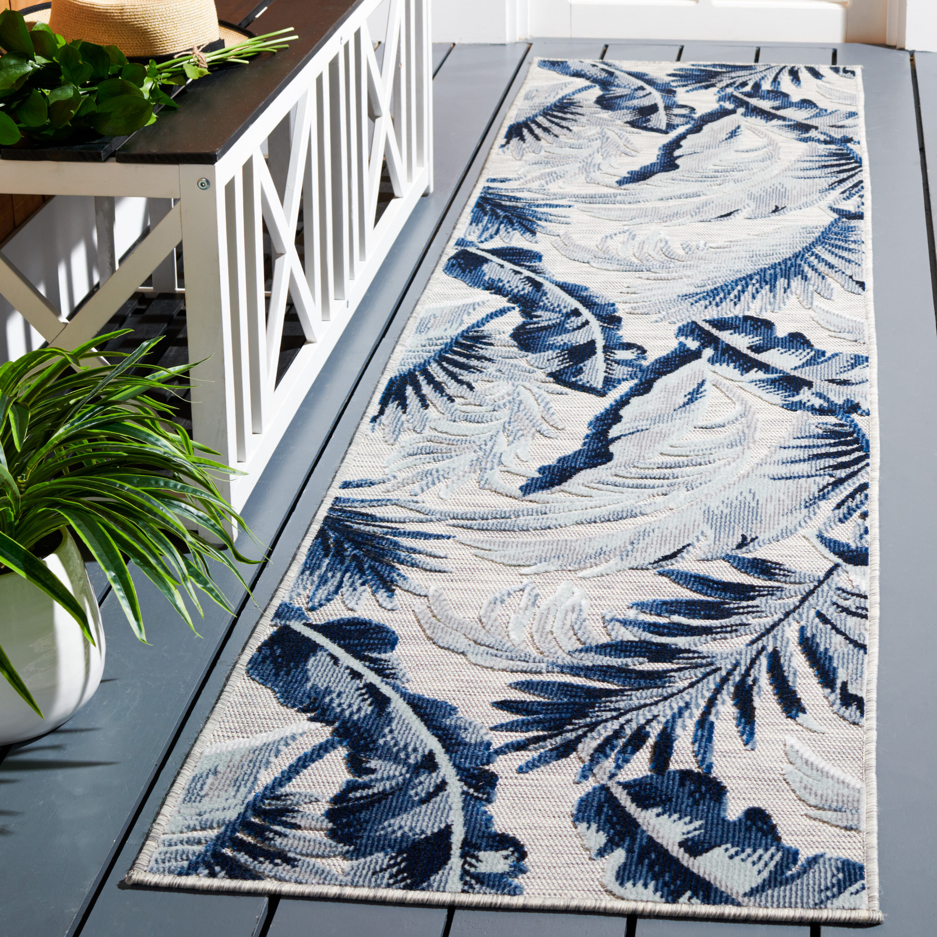 Safavieh CBN452N-29 Cabana 2 x 9 (ft) Loomed Synthetic Gray/Navy Rectangular Indoor/Outdoor Floral Tropical Runner rug