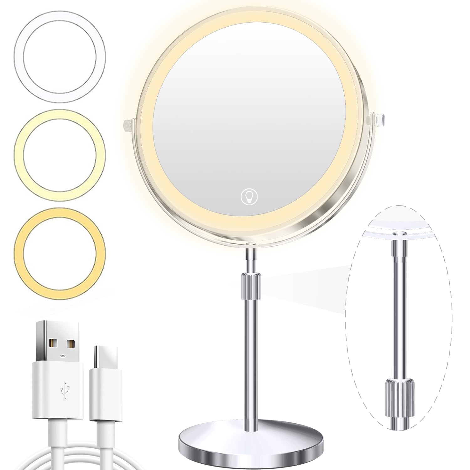 PIGFDK Rechargeable Makeup Mirror 20X Magnification 360 Rotate 3 Color Lights 80 LEDs Dimmable 5000mAh Height Adjustable