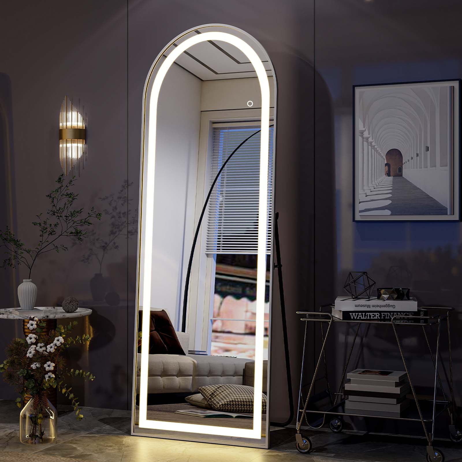 BEAUTYPEAK Q-LED-GZ2063 20-in W x 63-in H Arch White Framed Full Length Lighted Floor Mirror