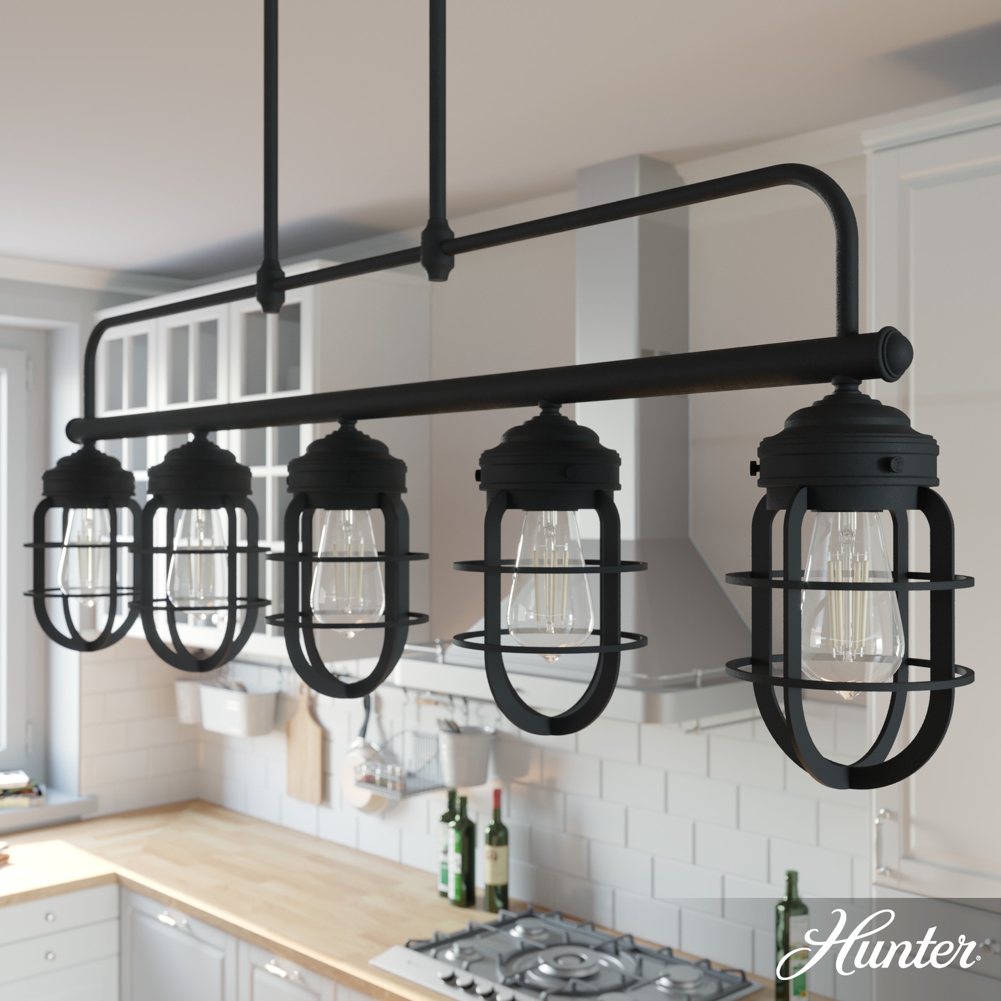Hunter 19667 Starklake 5 -Light Matte Black Industrial Cage For Use in Bedrooms, Dining Rooms, Foyers, Kitchens, Living Rooms Chandelier