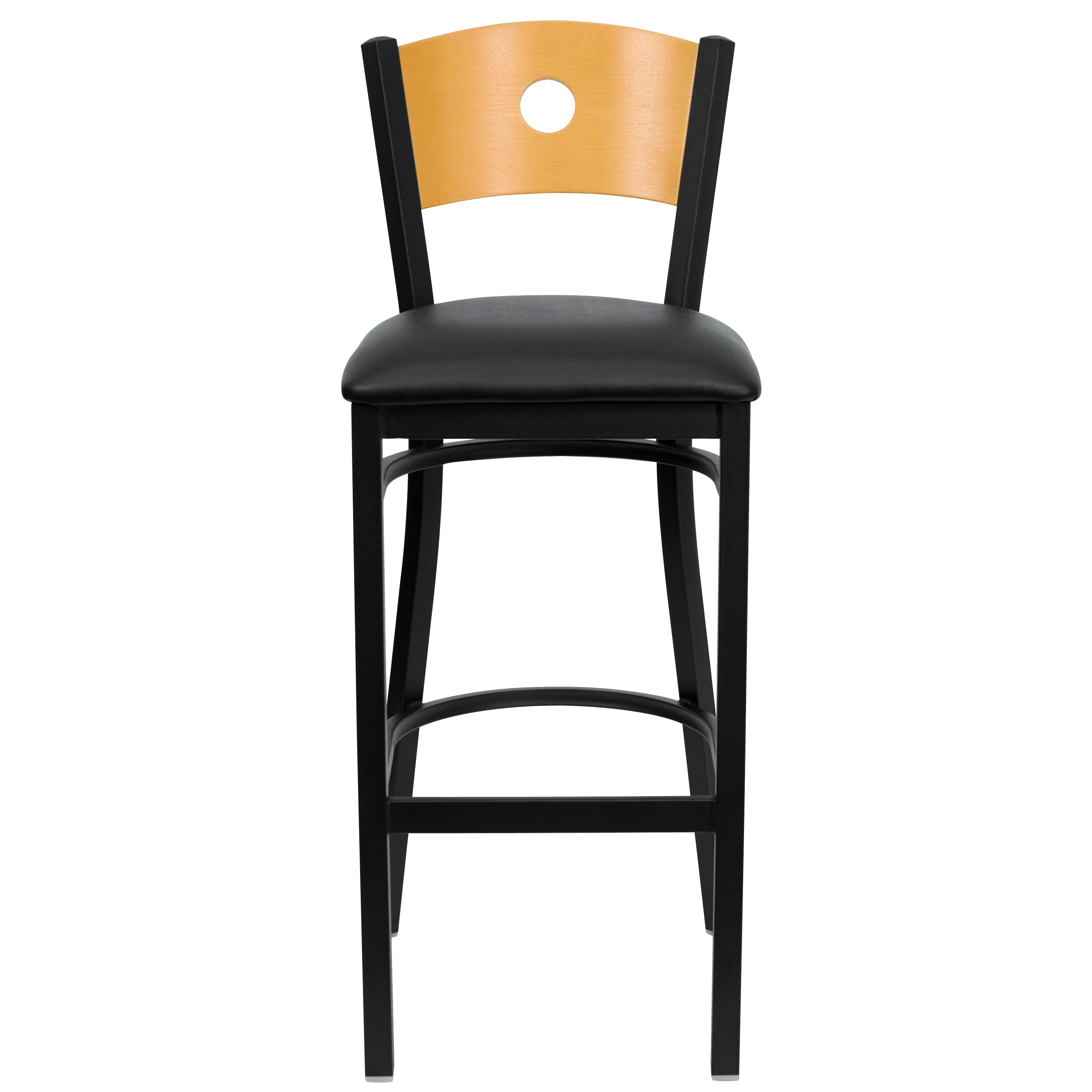 Natural Wood Back Black Vinyl Seat Metal Barstool