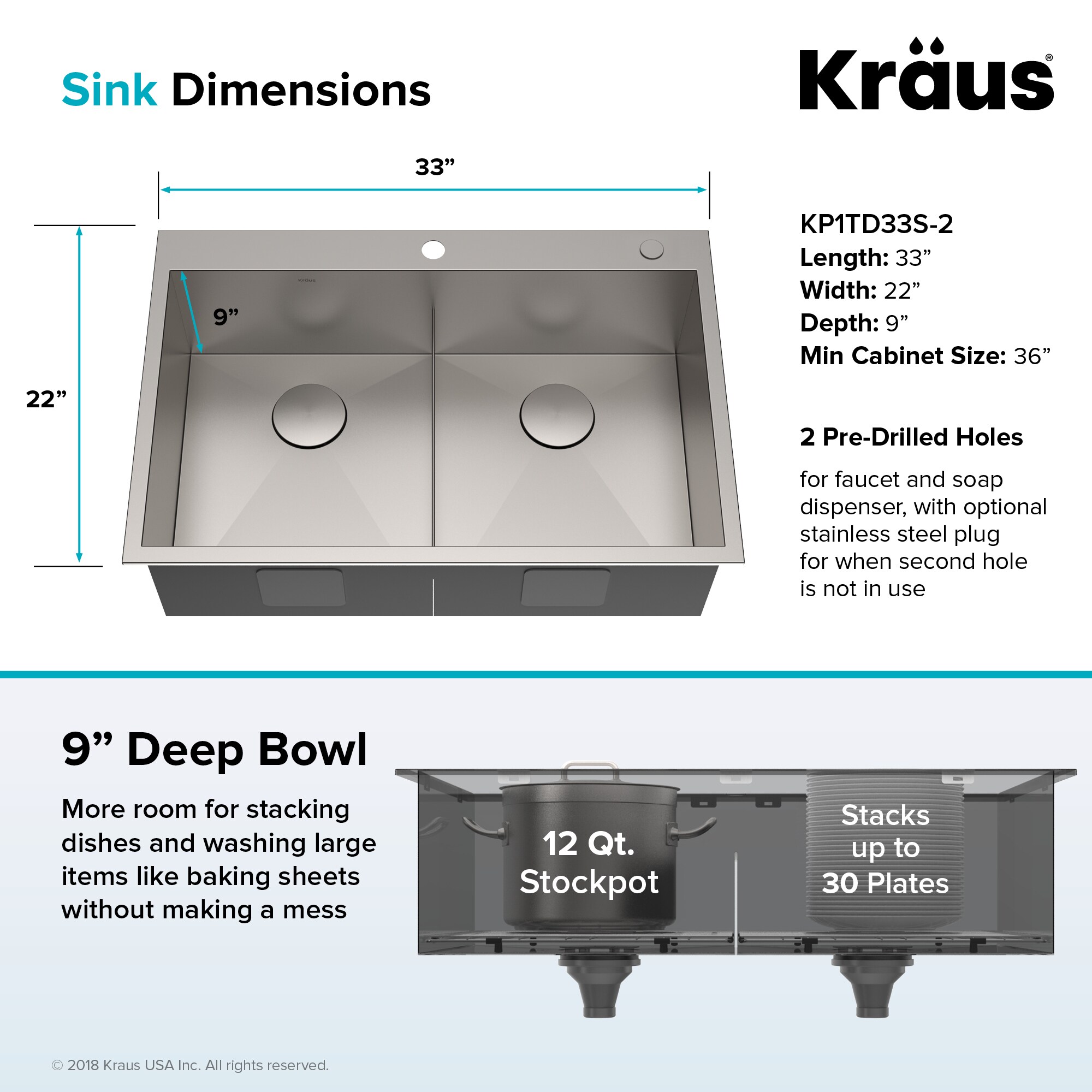 Kraus Pax Drop In 33 In X 22 In Stainless Steel Double Equal Bowl 2