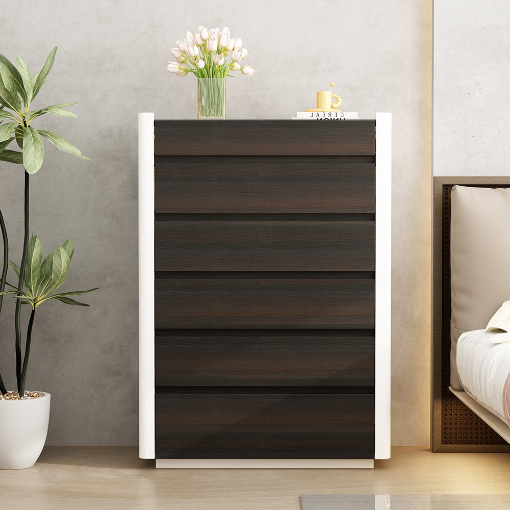 Homsee C-KF390073-01 Brown 6-Drawer Combo Dresser with Mirrored Details and Built-in Light Strip Modern Dual-Tone Storage Solution
