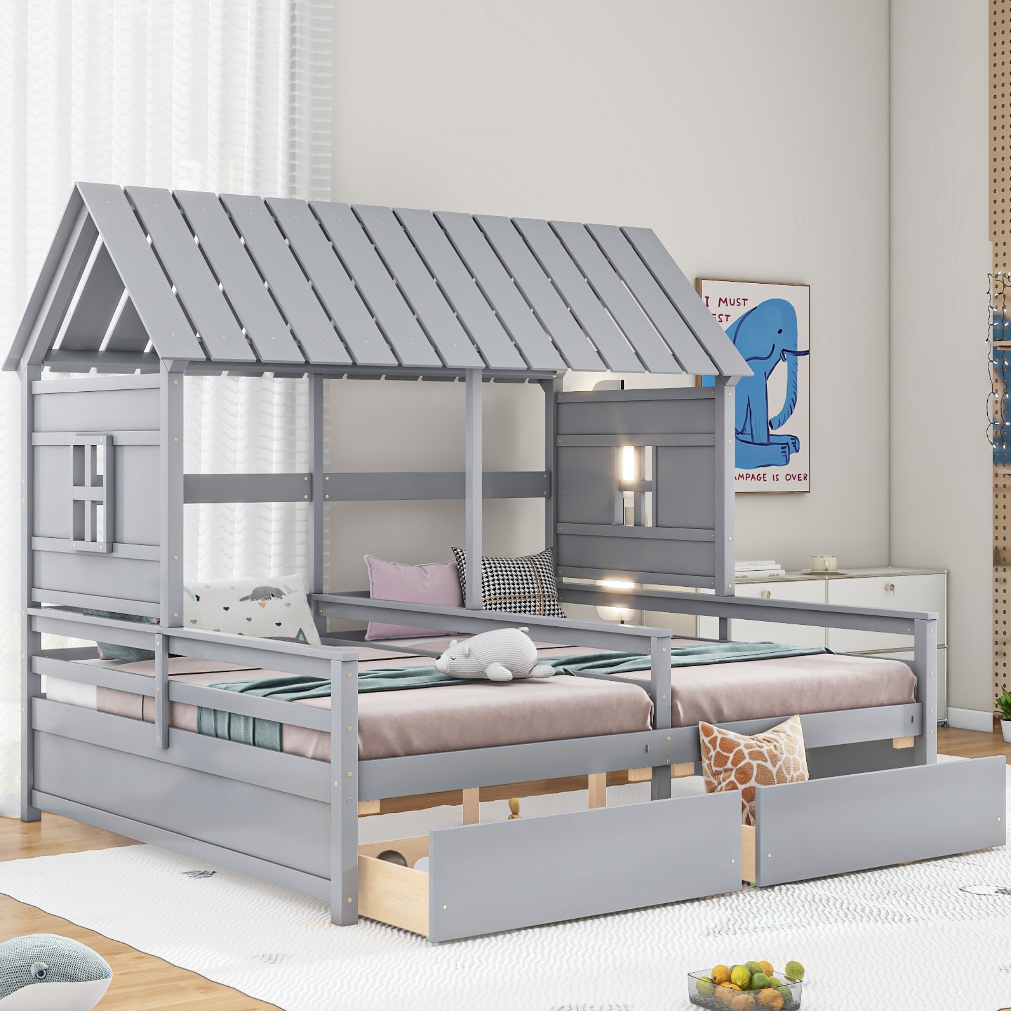 ModernLuxe GX000452AAE Twin Size House Platform Beds with Two Drawers for Boy and Girl Shared Beds Combination of 2 Side by Side Twin Size Beds Gray