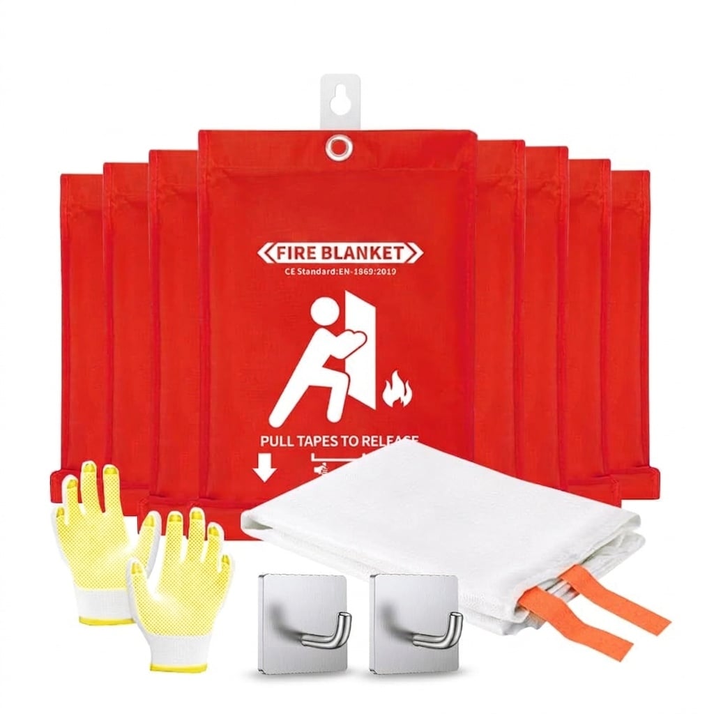 Adrinfly 8 Pack 40 x 40 Inch Fire Blanket with Fire Retardant Tabs Emergency Fire Suppression Fiberglass Blanket for Kitchen Office Car Camping Includes 1 Pair Gloves 2 Hooks #LAD0420R23