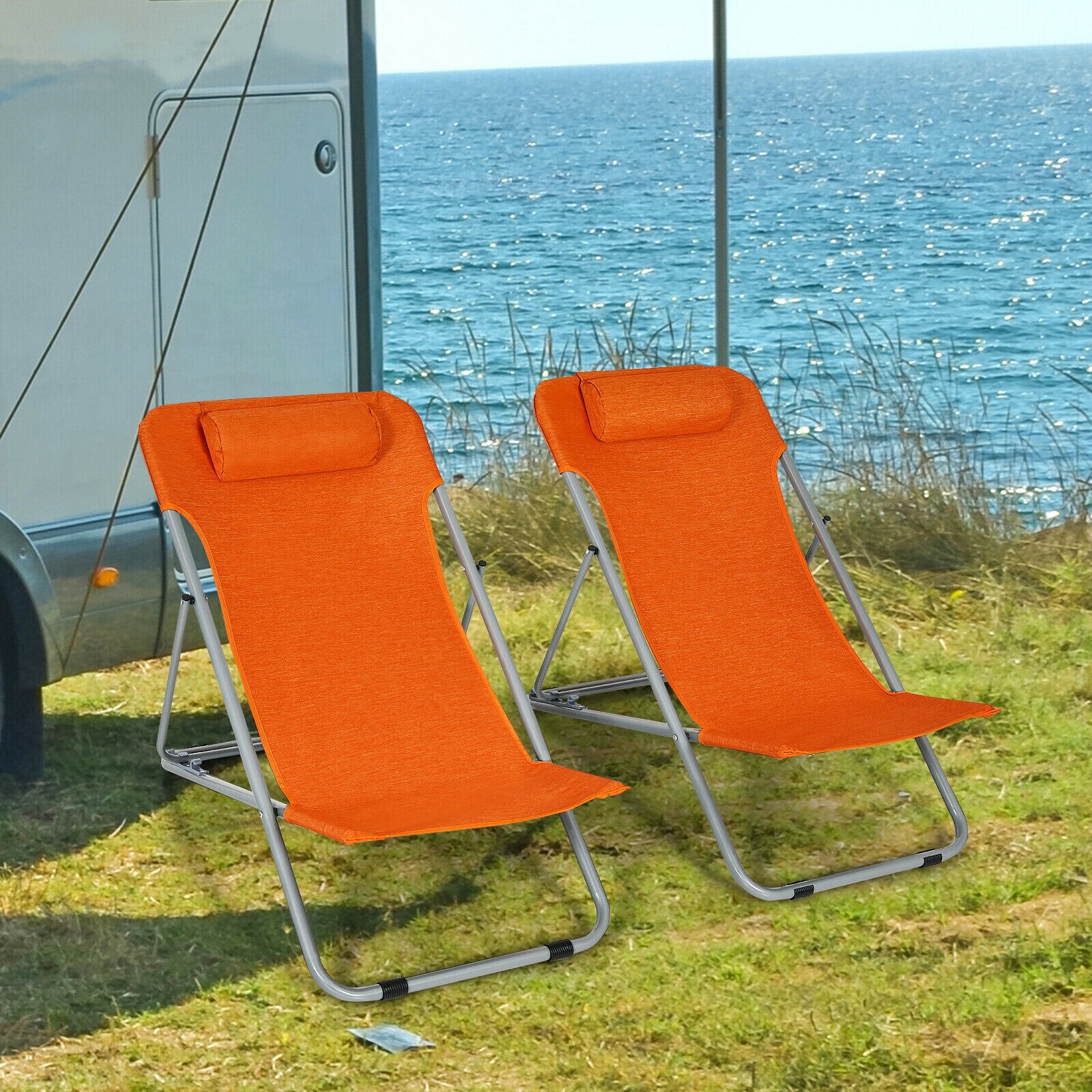 Orange Folding Beach Lounger Set with Adjustable Backrest