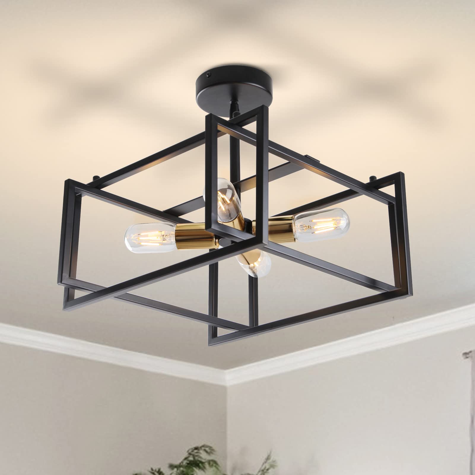 AOIZGMY  Industrial Semi Flush Mount Ceiling Light Four Light Black and Gold Metal Fixture for Dining Room Bedroom Kitchen Island Foyer
