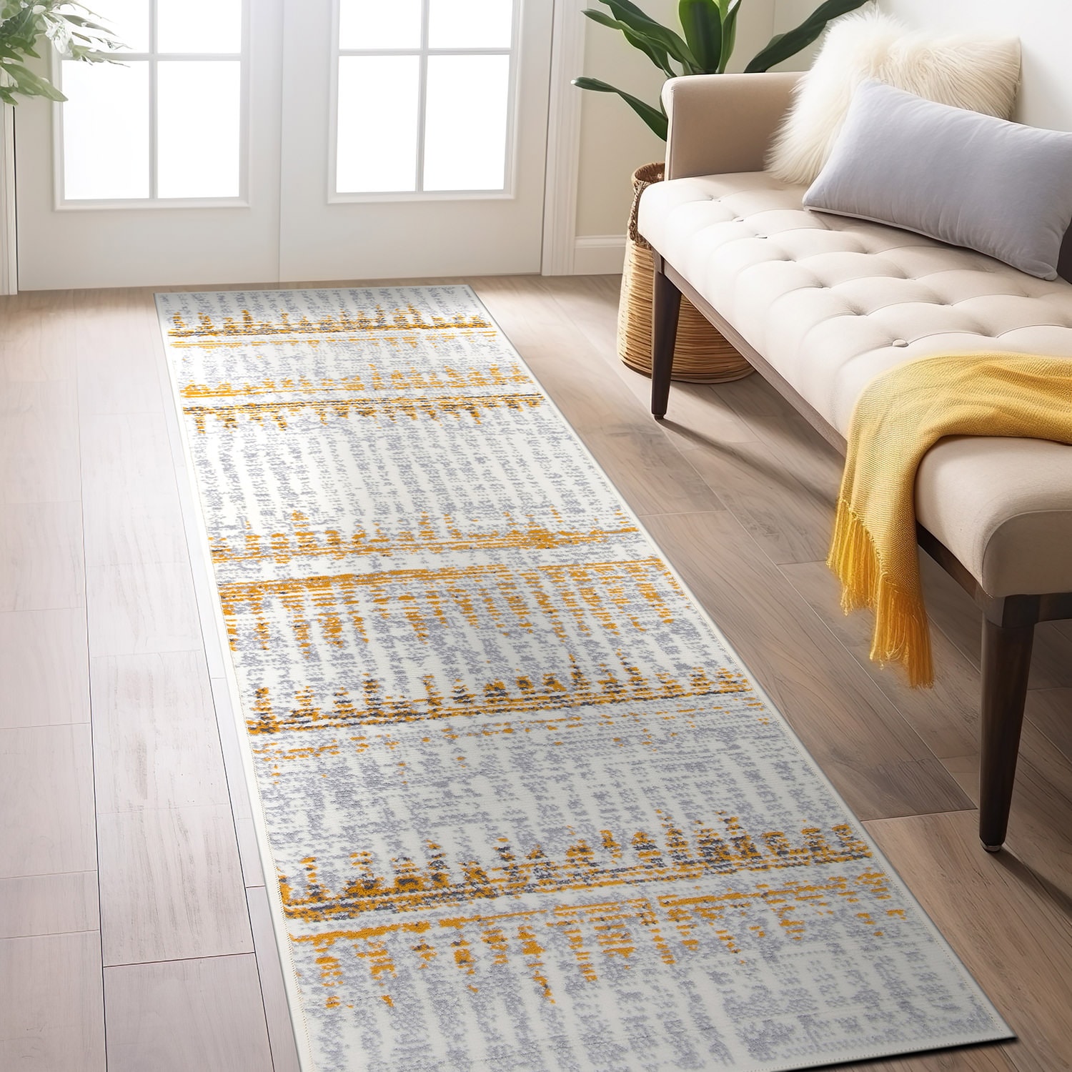 World Rug Gallery 3012YELLOW2X7 2 x 7 (ft) Loomed Polypropylene Yellow Rectangular Indoor Abstract Runner rug