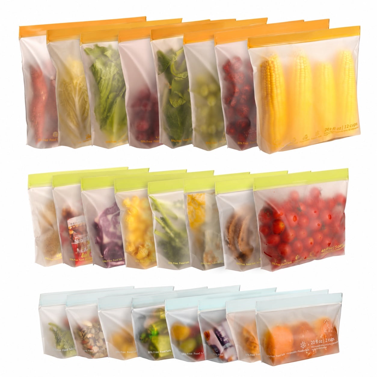 KIWDZFU  24 pack reusable food storage bags BPA free leakproof freezer safe stand up gallon sandwich and snack bags dishwasher safe for lunch