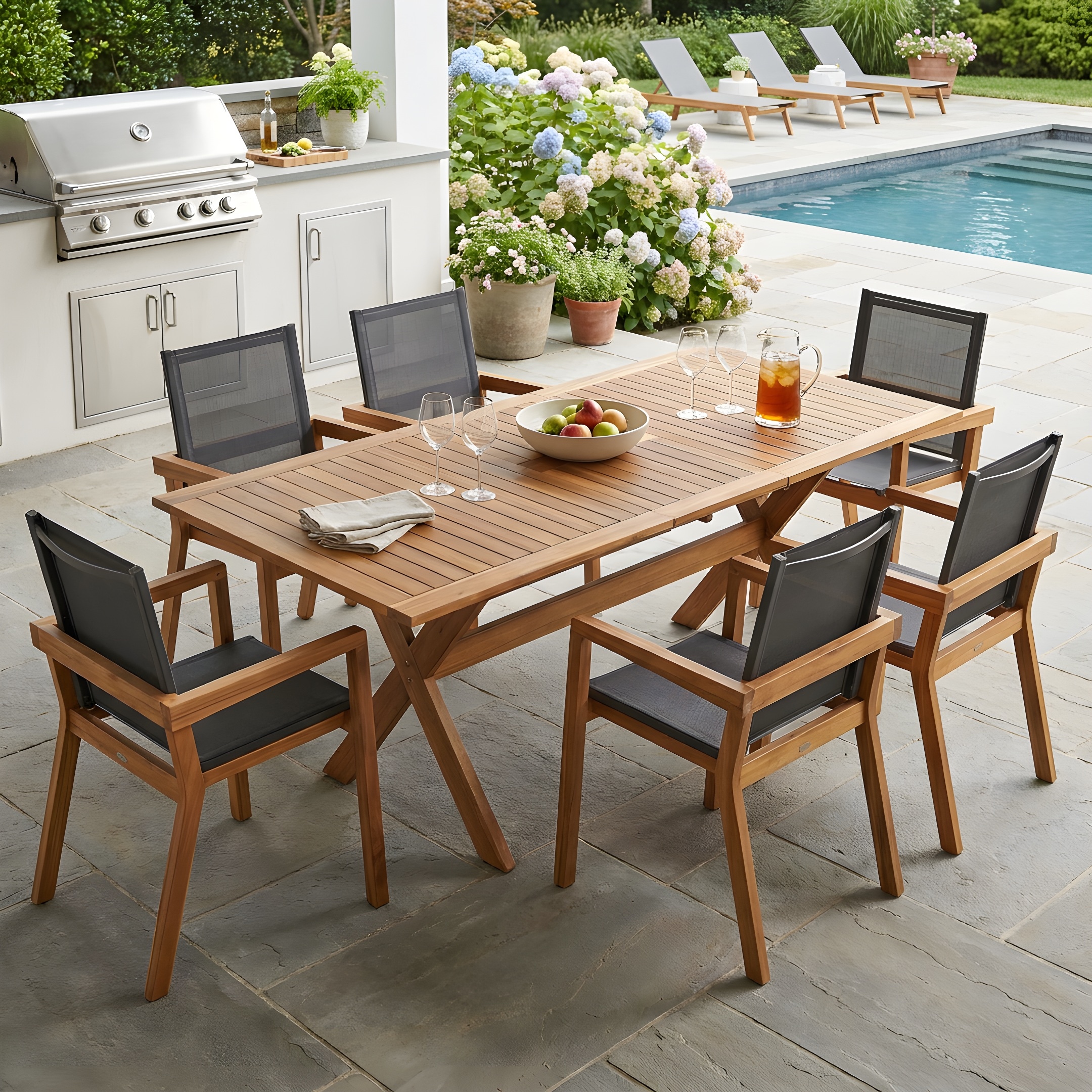 Tinyhomie 7 Pieces Acacia Wood Outdoor Dining Set Modern 6 Chairs 1 ...