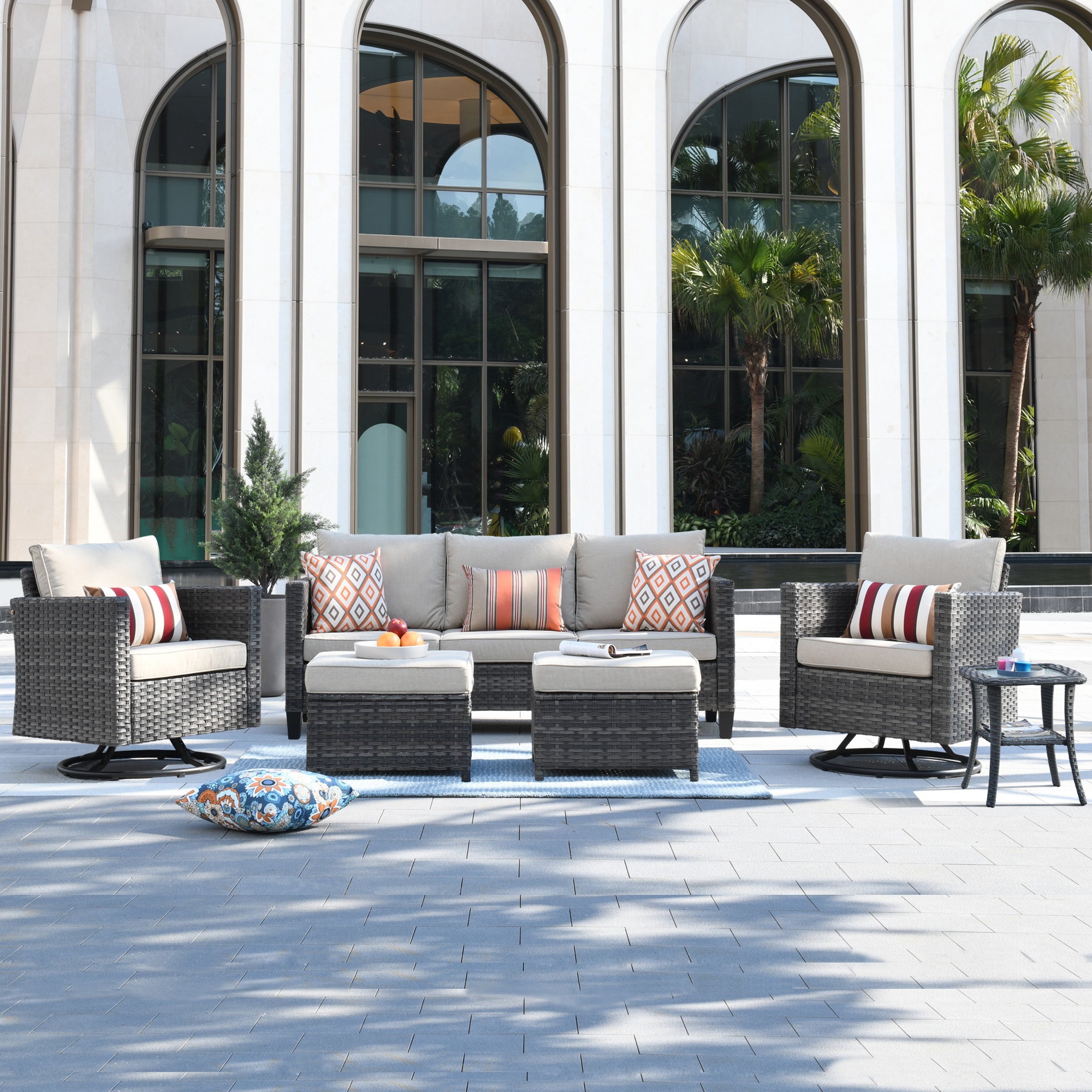 Pouuin 6-Piece Rattan Patio Conversation Set with Off-white Olefin ...