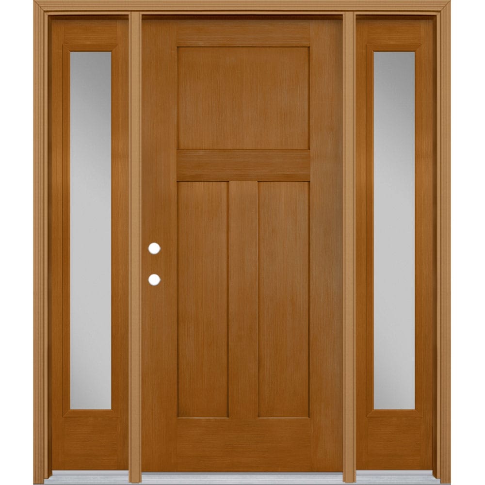 Masonite 62717 Winslow 64-in x 80-in x 4-9/16-in Fiberglass No glass Right-hand inswing Oakcrest Stained Prehung Front Door with Left Sidelight with Brickmould Insulating core