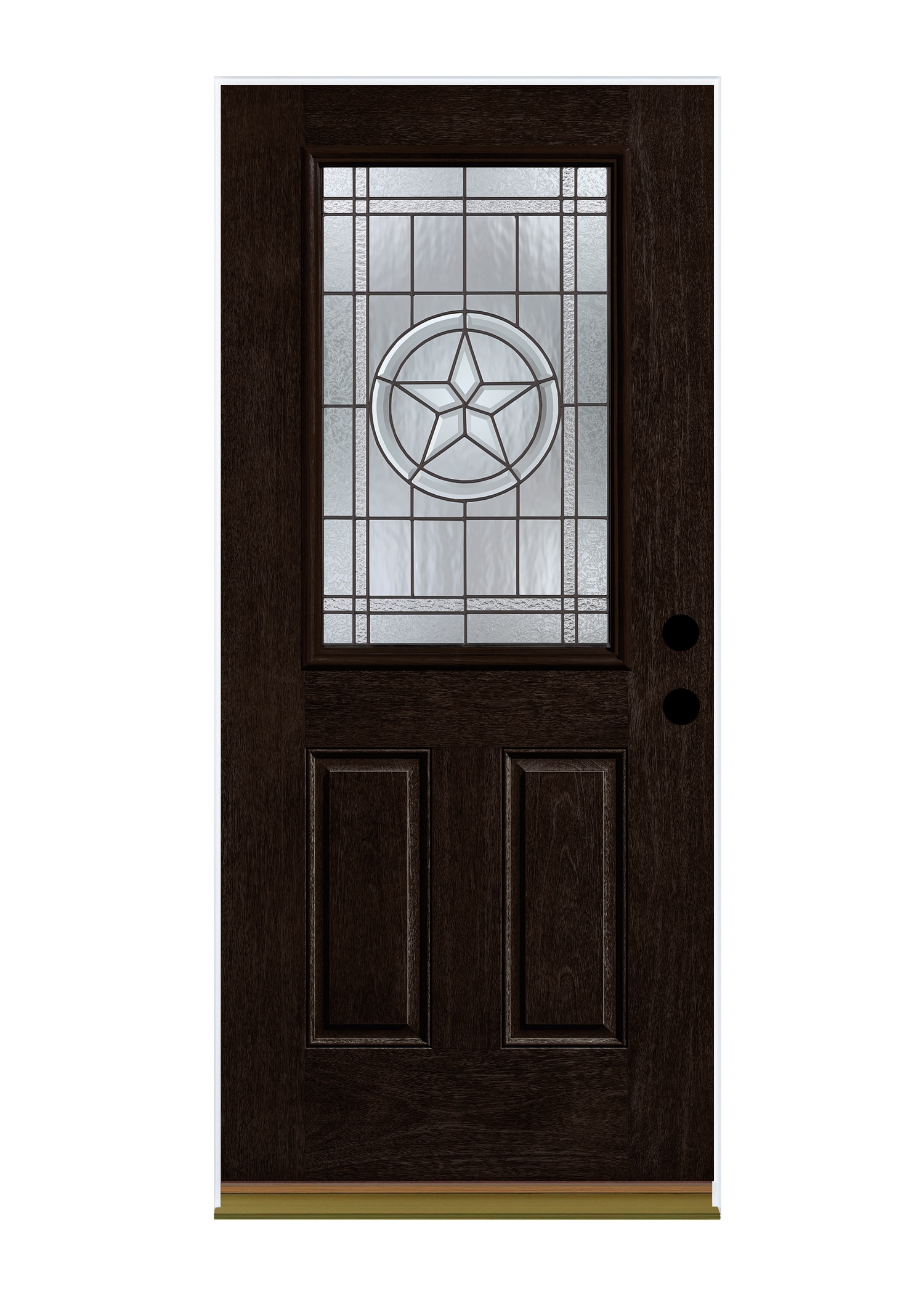 Therma-Tru Star 36-in x 80-in x 4-9/16-in Fiberglass Half Lite Right-Hand Inswing Dark Elm Stained Prehung Front Door Insulating Core in Black -  TTB638787