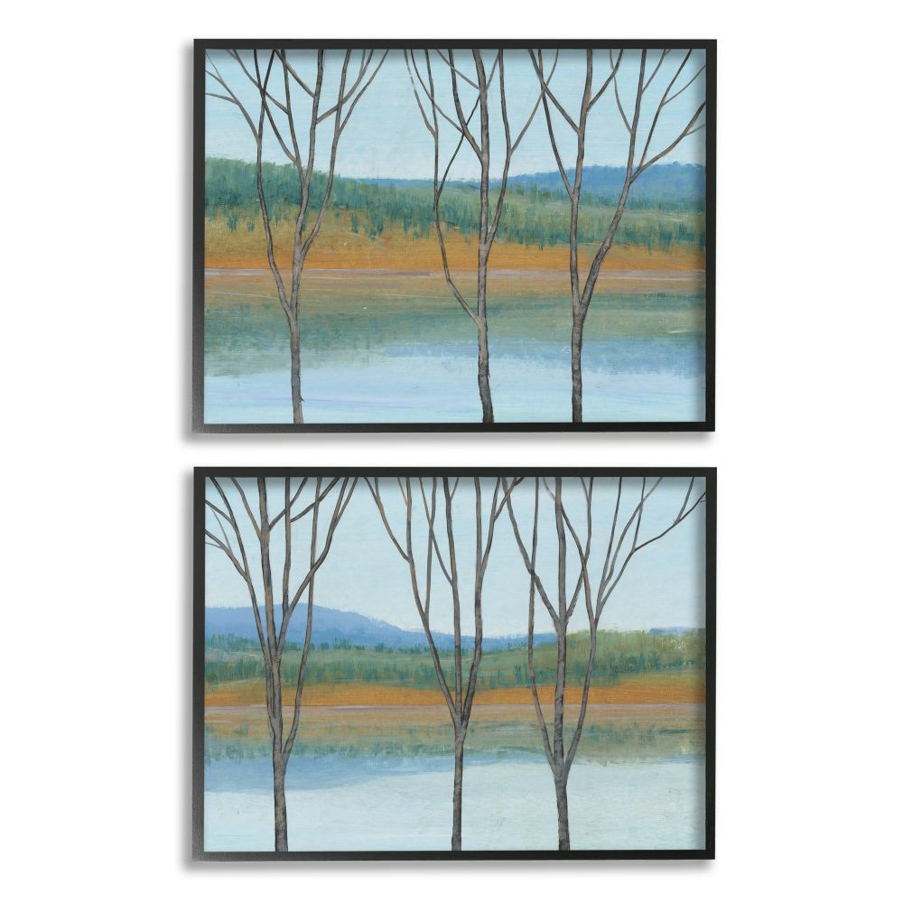 Stupell Industries Lakeside Landscape with Bare Trees Nature Painting Tim Otoole Framed 14-in H x 11-in W Landscape Wood Print in Blue -  A2-067-FR-2PC-11X14