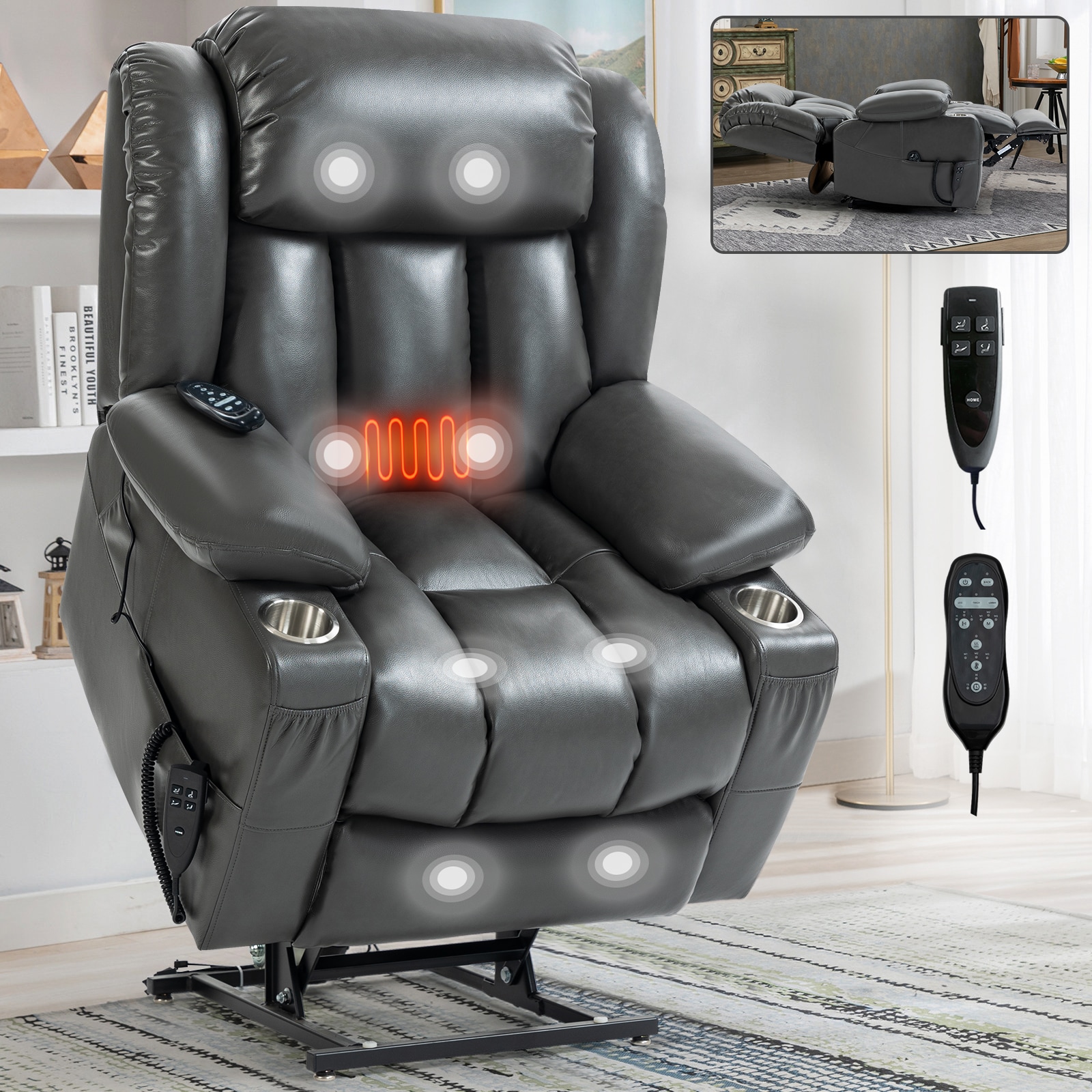 Mondawe MO-CO83552 Gray Faux leather Upholstered Powered Reclining Massage chair with Lift Assistance