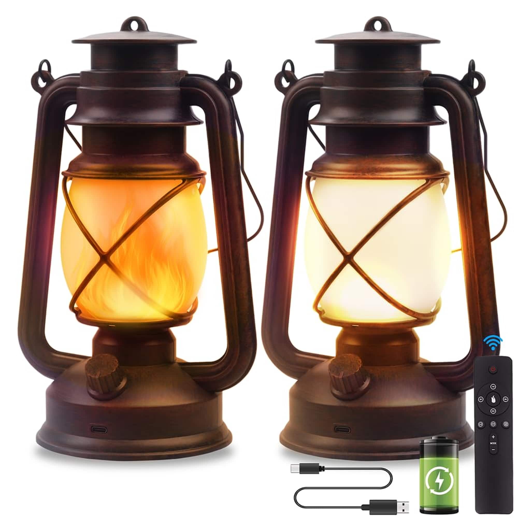 Angel Sar 2 Pcs LED Battery Powered Camping Lamp Outdoor Hanging Rechargeable Lantern Flickering Flame Retro with Remote Control 4 Modes Non Solar