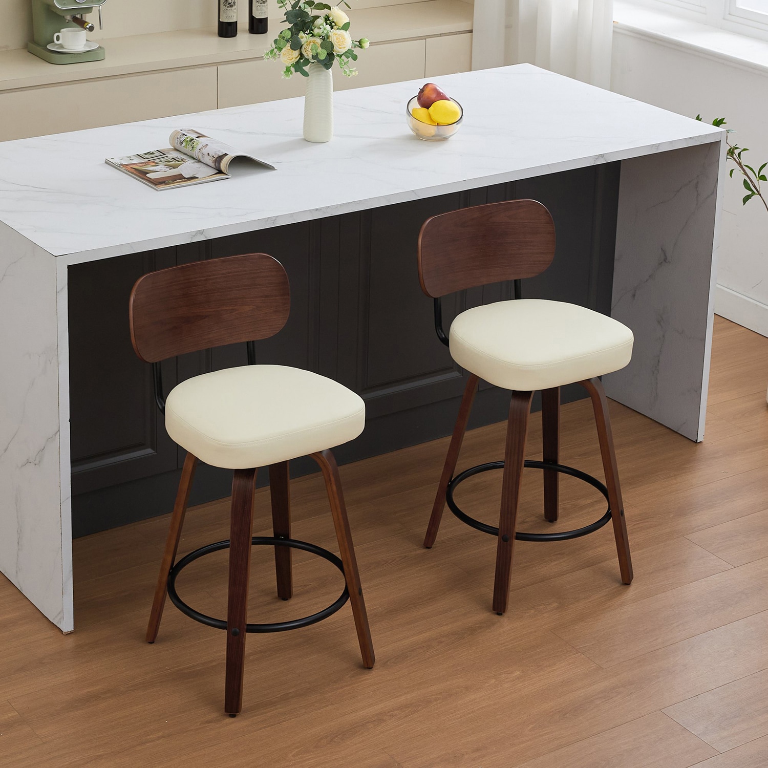 Mondawe MO-CM59775 Set of 2 Beige 28.35-in H Bar height (28-in to 33-in) Square Seat Upholstered Swivel Wood Back Bar Stool Back
