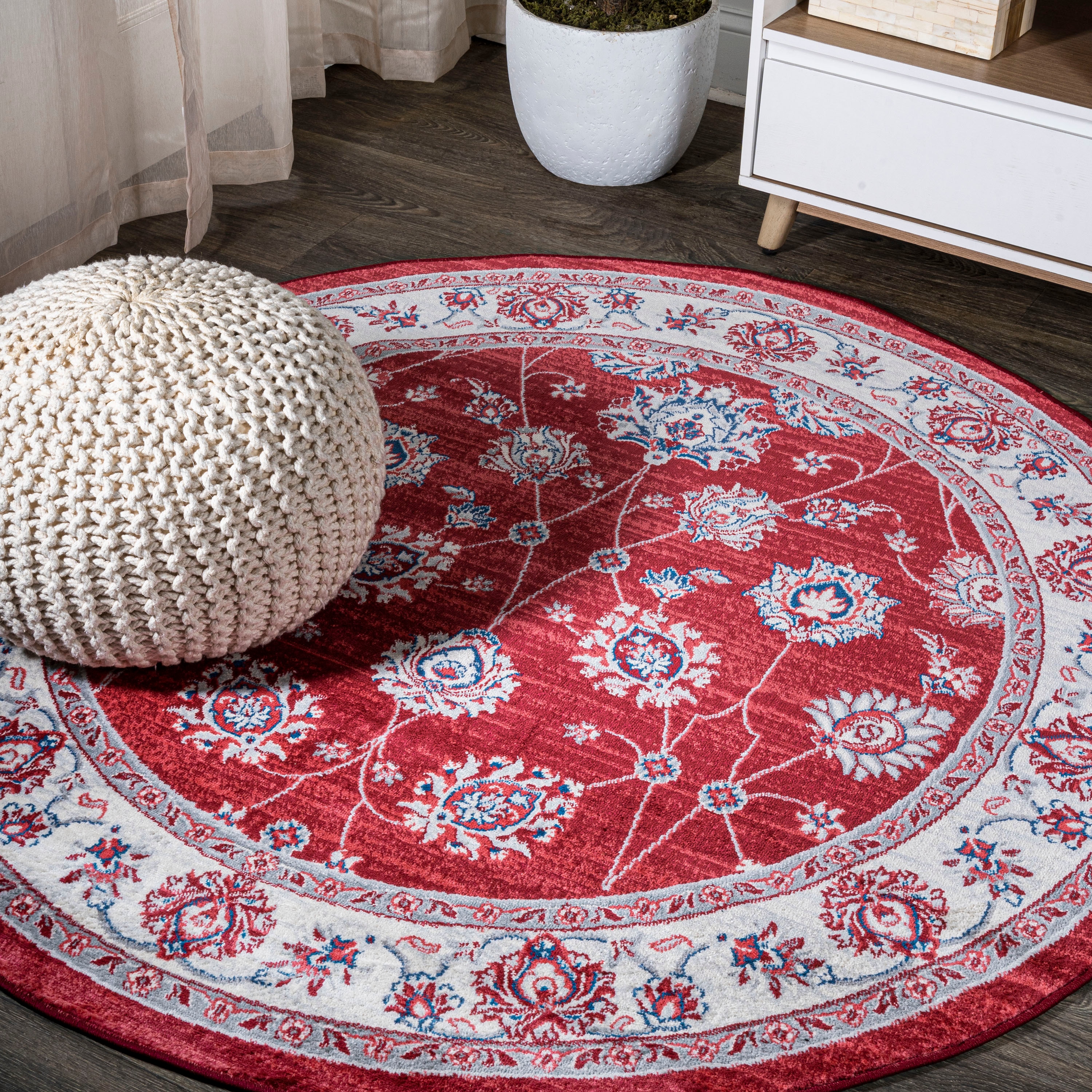 6' Round Oushak Red Rug, All Over Pattern Industrial Modern
