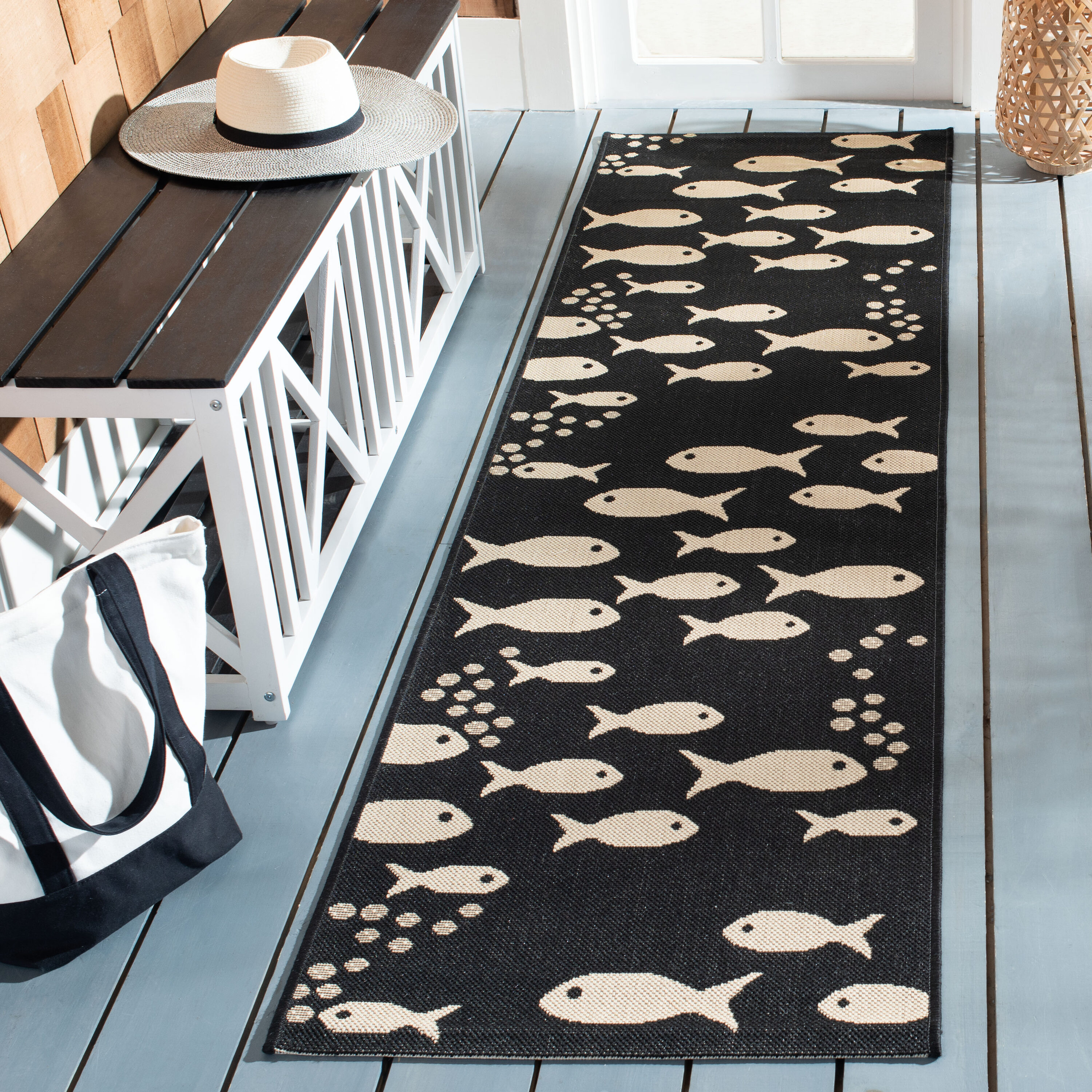 Safavieh CY6012-256-28 Courtyard 2 x 8 (ft) Loomed Synthetic Black/Beige Rectangular Indoor/Outdoor Geometric Runner rug