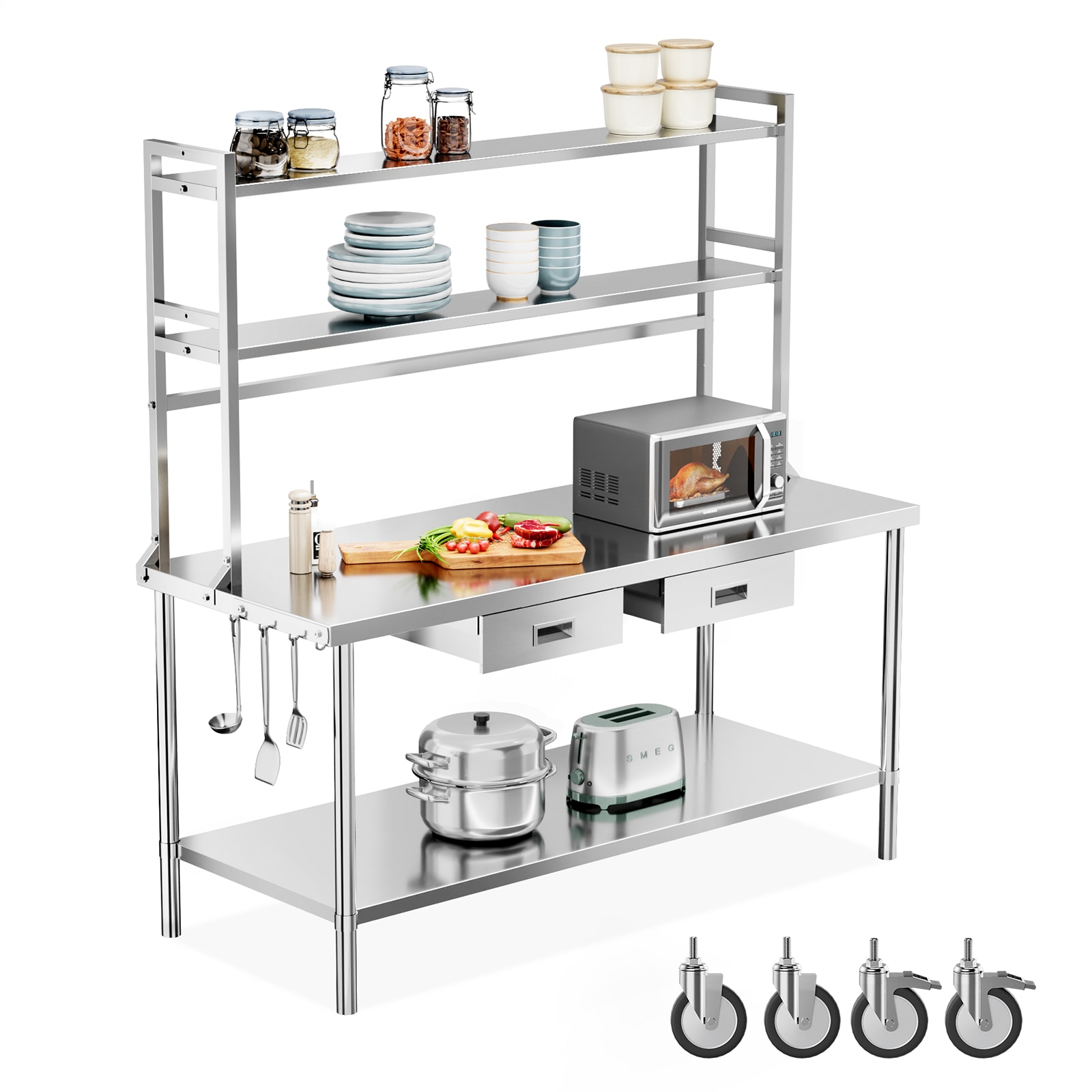 ROVSUN 60 x 24 Stainless Steel Table with Wheels Drawers and Adjustable Undershelf Detachable Hooks for Kitchen Restaurant