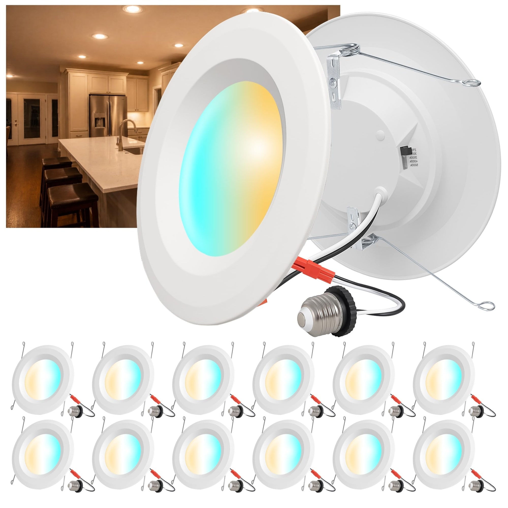 Lukvuzo  12 Pack 6 Inch LED Recessed Can Lights 5CCT Selectable 2700K 3000K 3500K 4000K 5000K 1050 Lumens 9.5W IC Wet Rated Retrofit