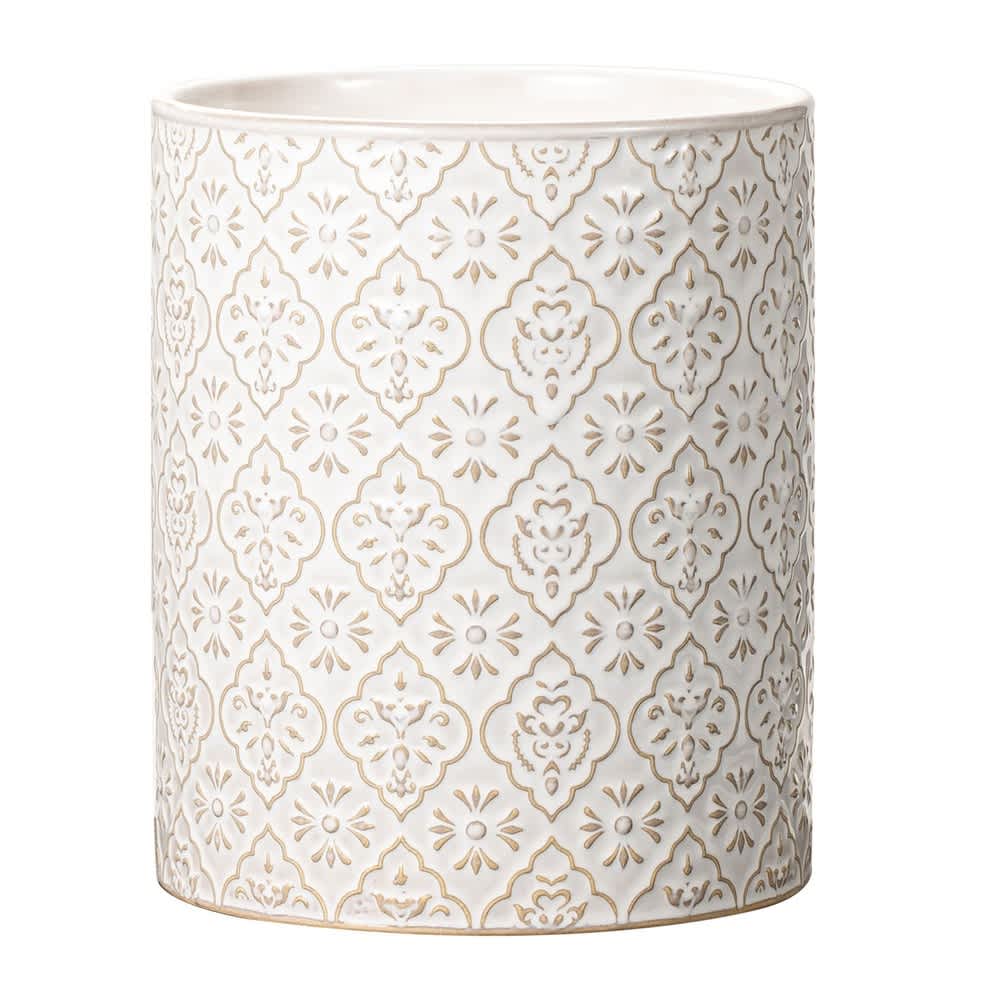 Aoibox  Large Ceramic Utensil Holder 6x7 Inch Embossed Off White 1 Piece Kitchen Countertop Crock Multi Functional Easy Clean Farmhouse Decor