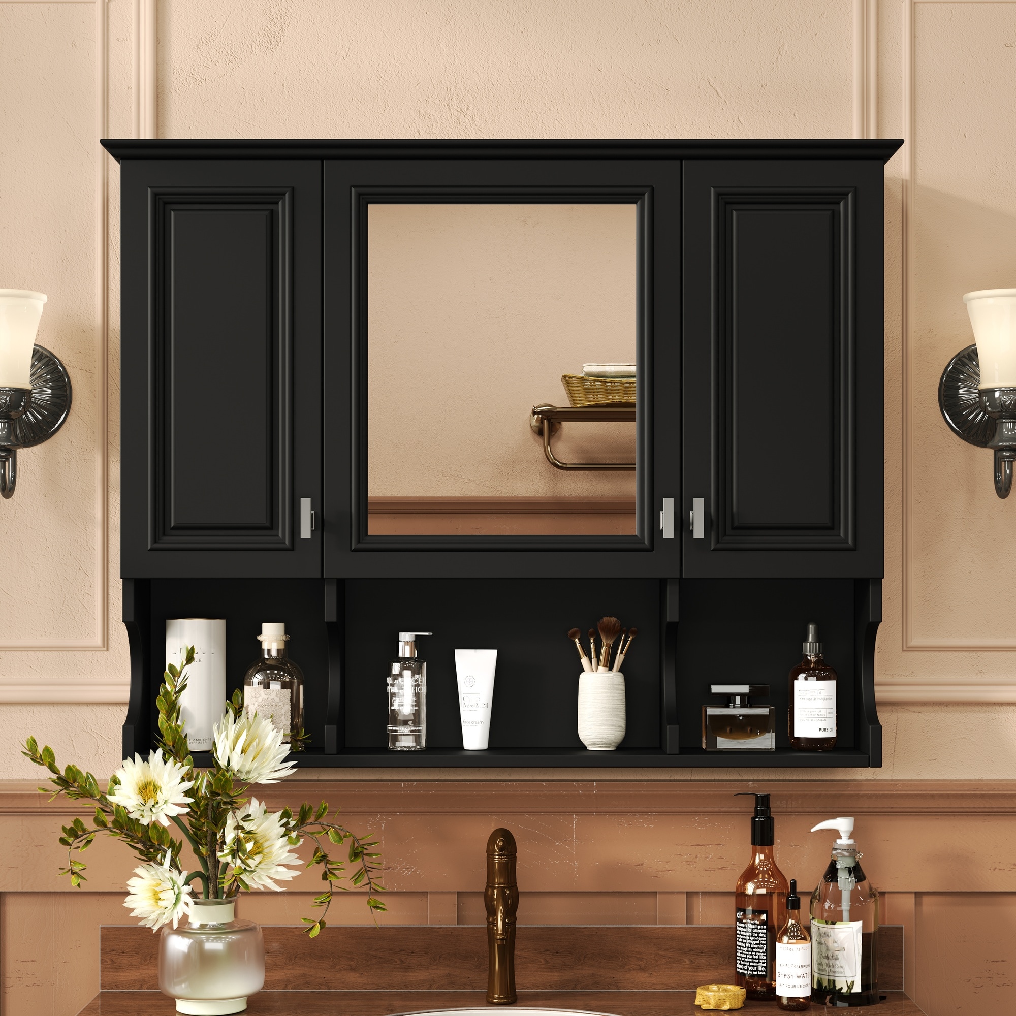 HyperDrop Cart 35-in L x 28-in H Wall Mounted Bathroom Medicine Cabinet Heavy-Duty Modern Mirror Storage Organizer With Open Shelves