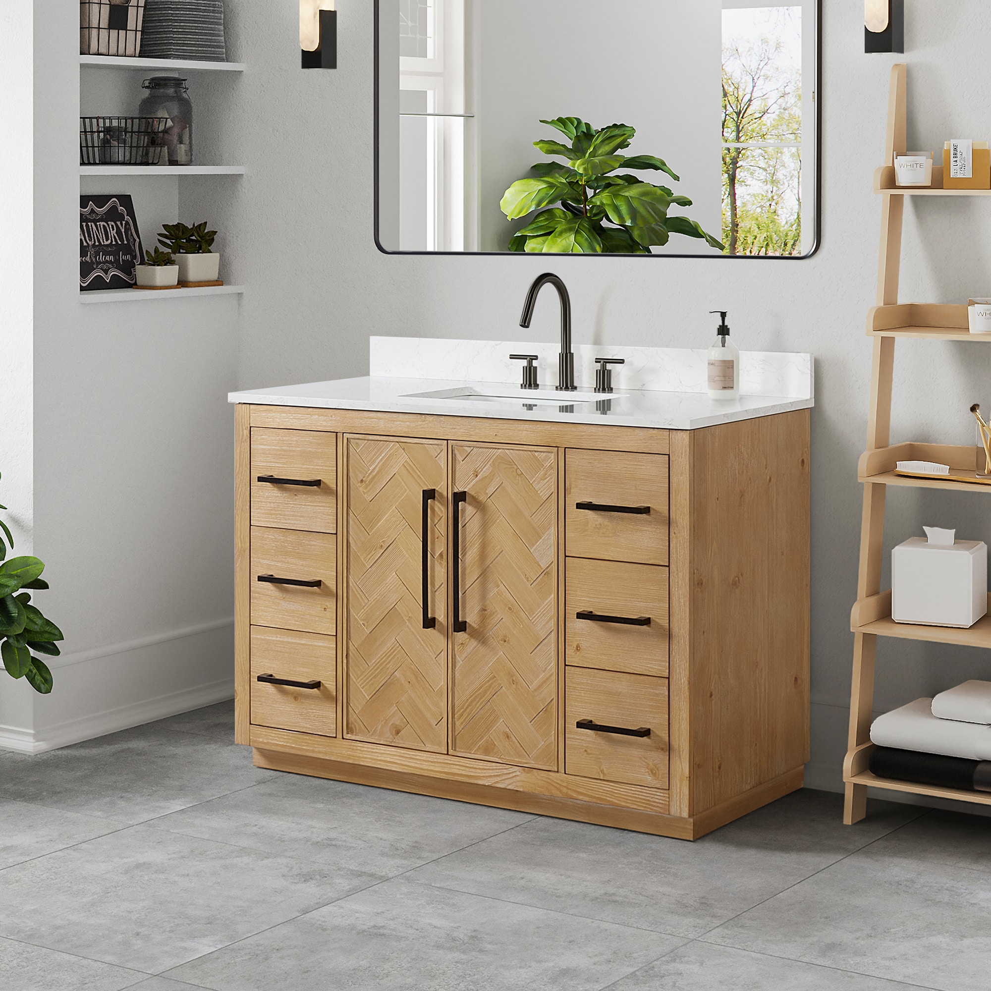 Jareth 48'' Natural Wood Single Bathroom Vanity with White Stone Top