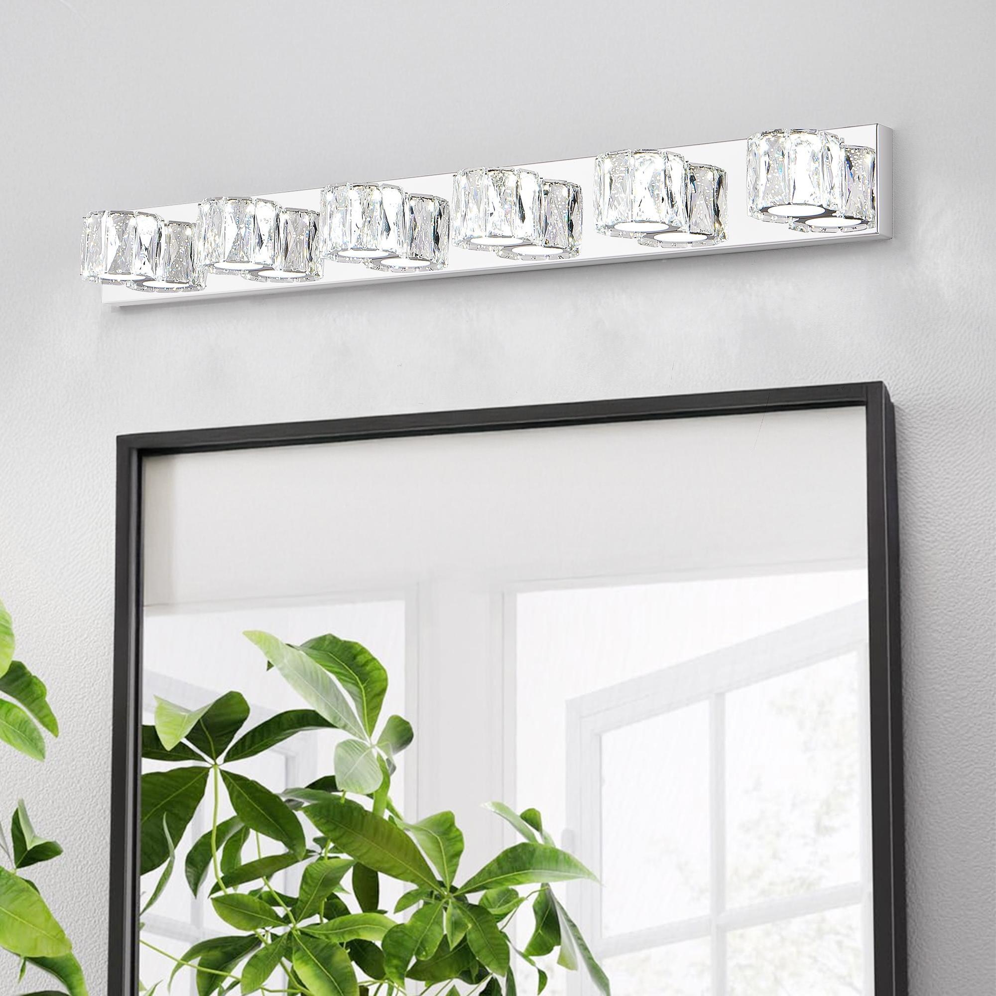 Bayfeve 6-Light Elegant Chrome LED Bathroom Vanity Light Bar with Clear Crystal Shades
