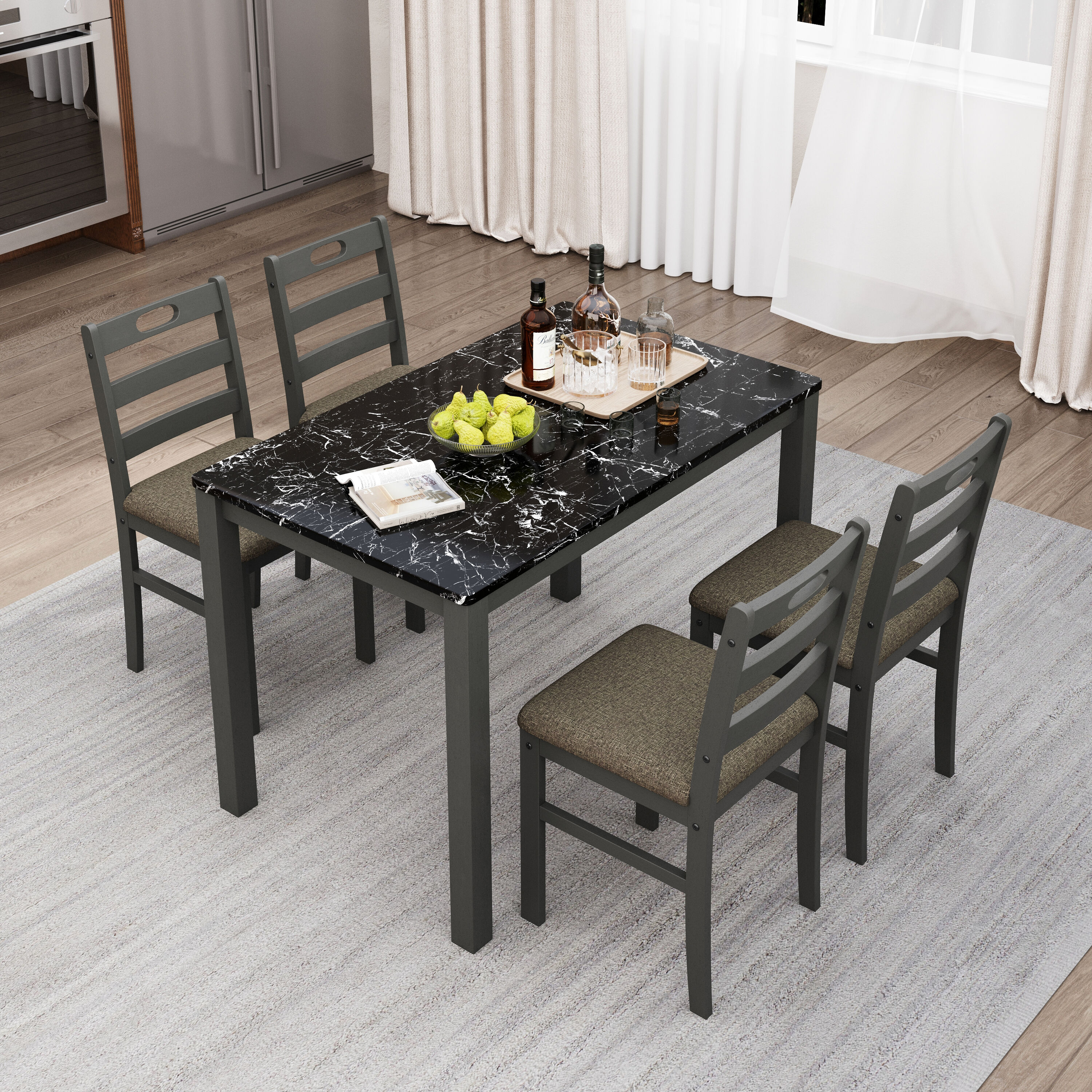 Sunshine Valley Veined Black Marble Gray Rustic Dining Room Set with Rectangular Table ( Seats 4 )