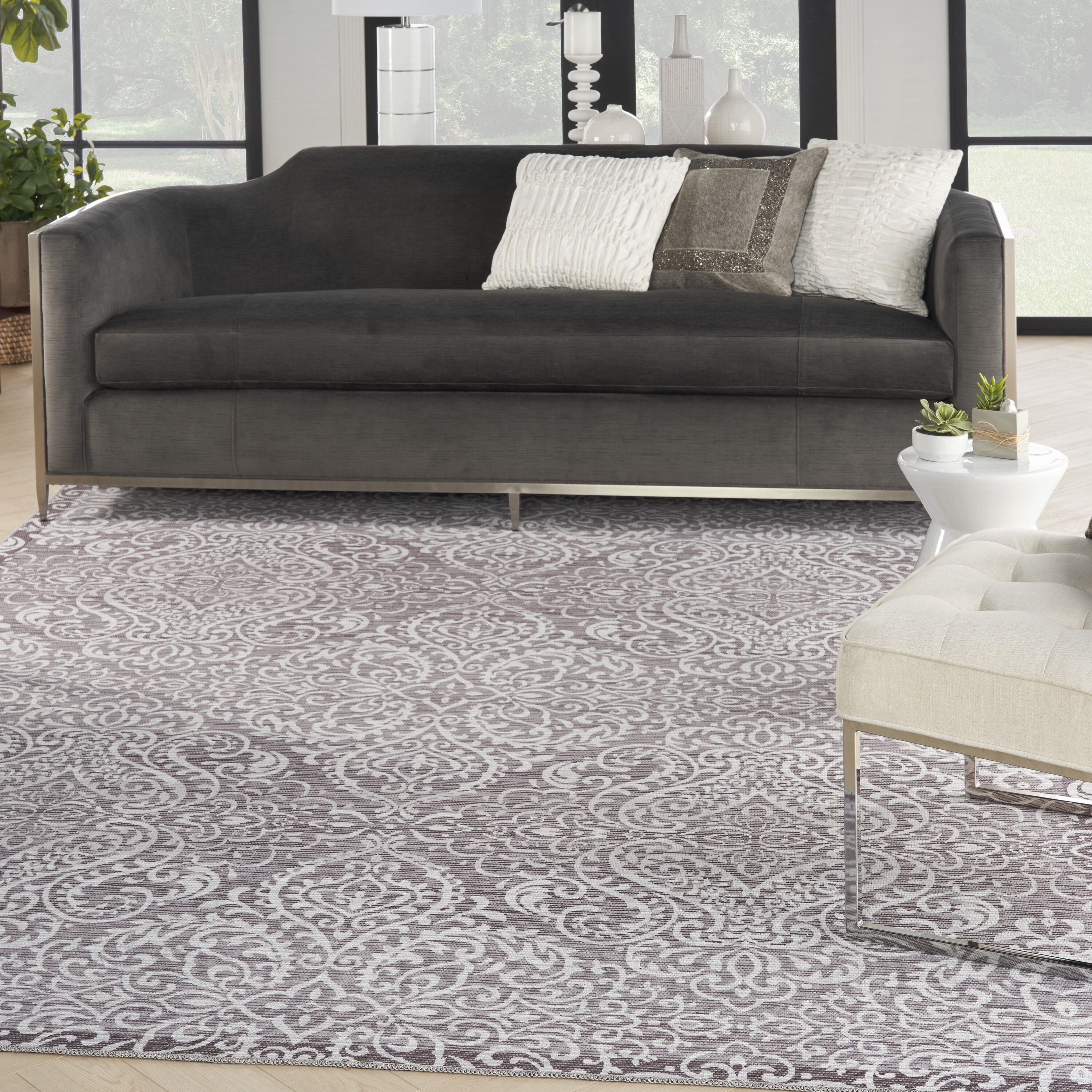 Waverly 099446892485 Washables 8 x 10 (ft) Loomed Polyester Stone Rectangular Indoor Damask Machine washable Area rug