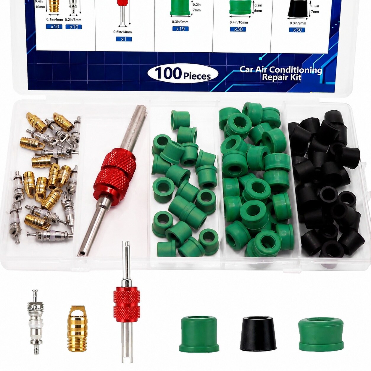 Adrinfly  HVAC Hose Gasket Repair Kit 100 pcs Includes Valve Cores Hose Gaskets Valve Caps Removal Tool for Automotive Air Conditioning Leak Proof