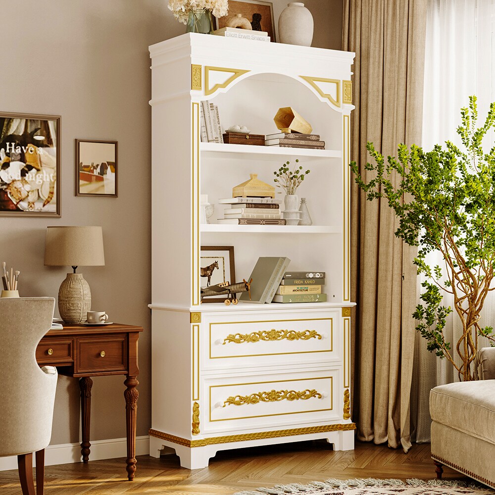 置物 Gold prestige Homsee Elegant White Bookcase with Gold Accents Glass Shelves