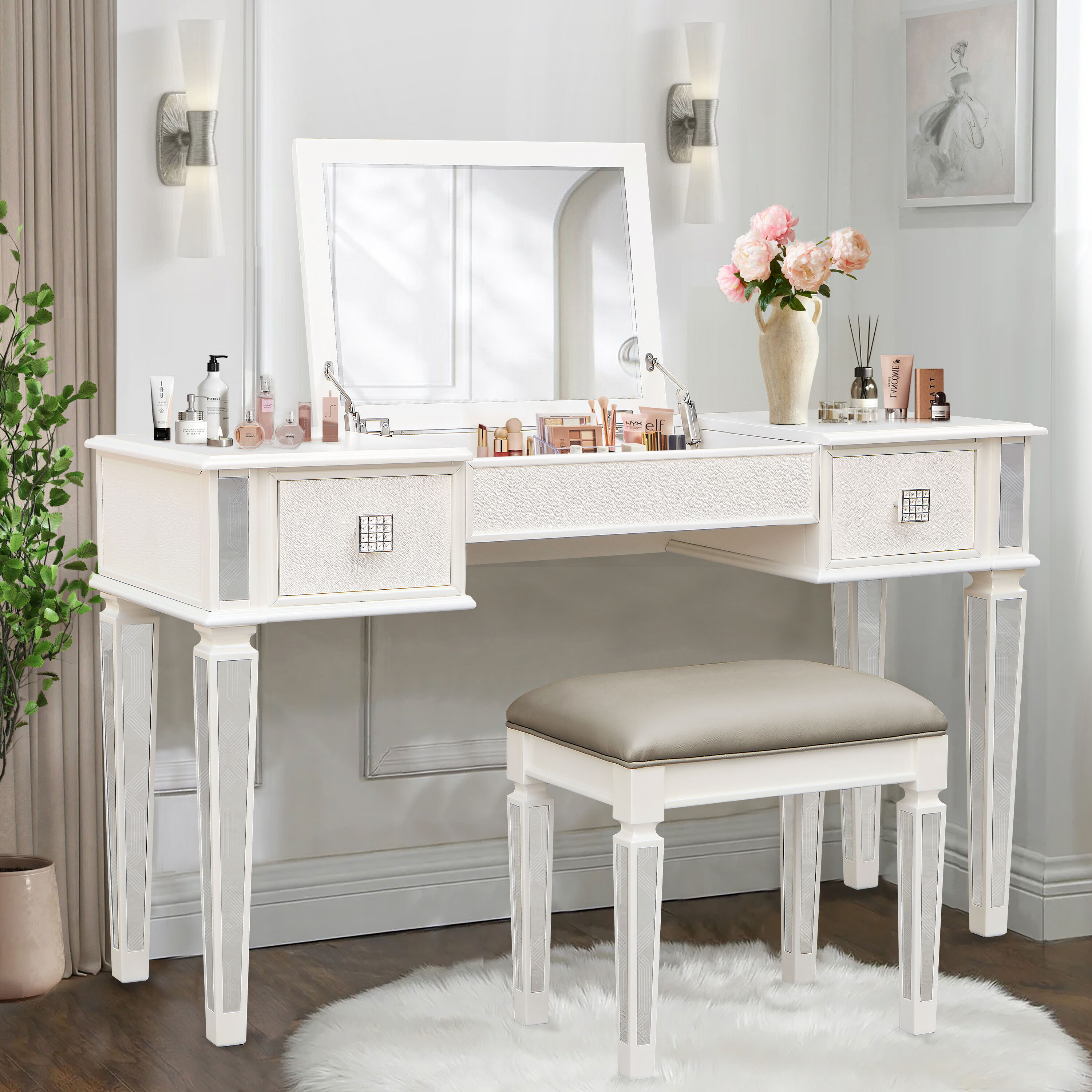 LOVMOR SF-WO-W2170P209976 Mirrored Vanities Desk with Drawers Bedroom Makeup Vanity Table Set with Mirror and Stool Flip Up Dressing Table for Bedroom Makeup Room Working Desk for Women Girl Furniture Combo