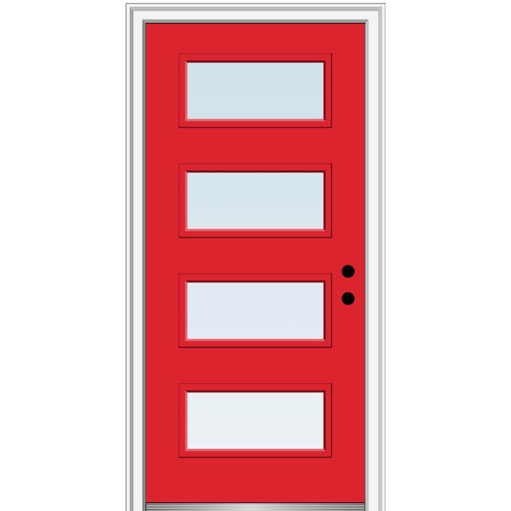 MMI DOOR ZZ348285L Spotlights 32-in x 80-in x 6-9/16-in Fiberglass Pulse lite Left-hand inswing Red Saffron Painted Prehung Front Door with Brickmould Insulating core
