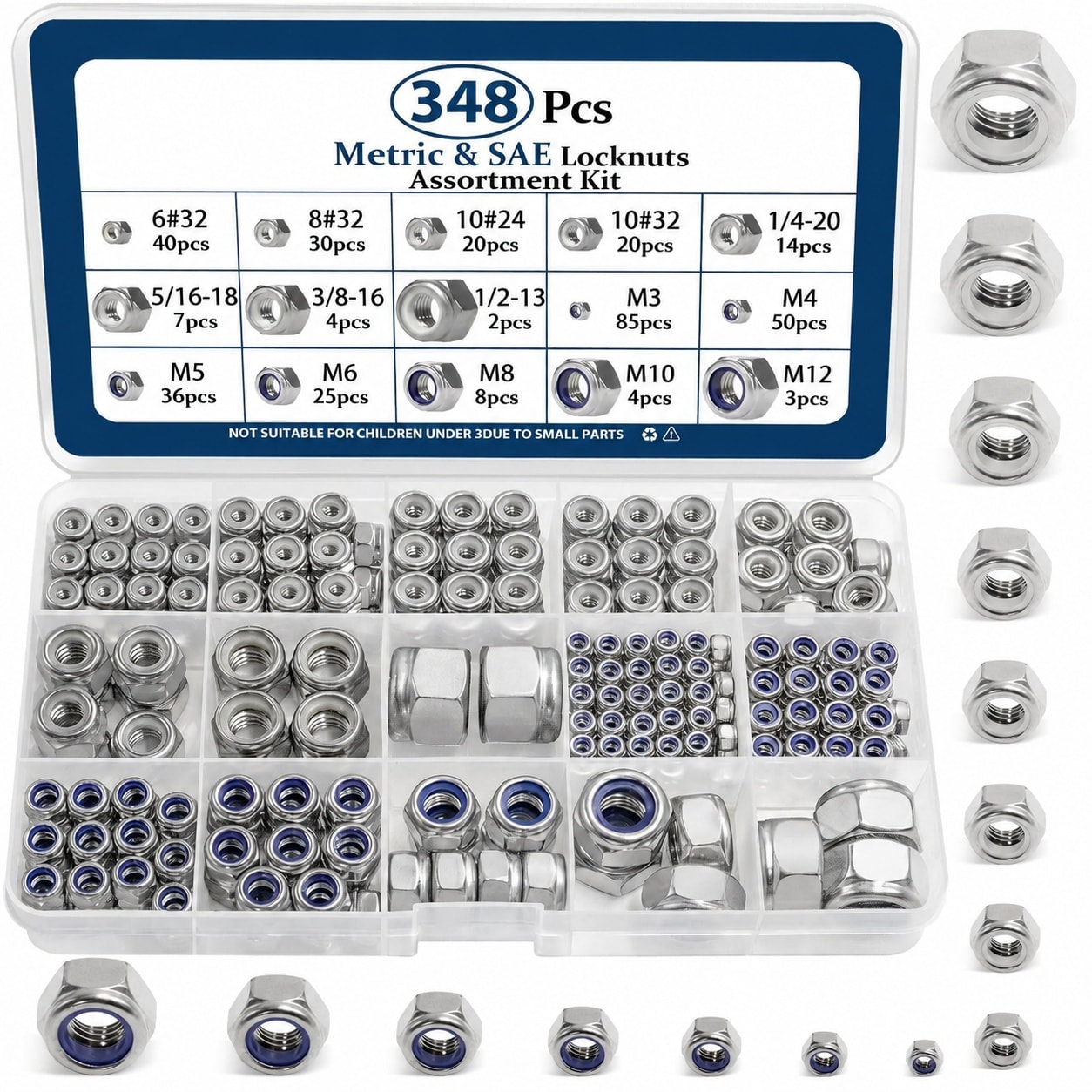 Adrinfly  SAE and Metric Nylon Insert Lock Nuts Kit 348 Pieces 304 Stainless Steel Locknuts Set with Multiple Sizes for Hardware Repairs and