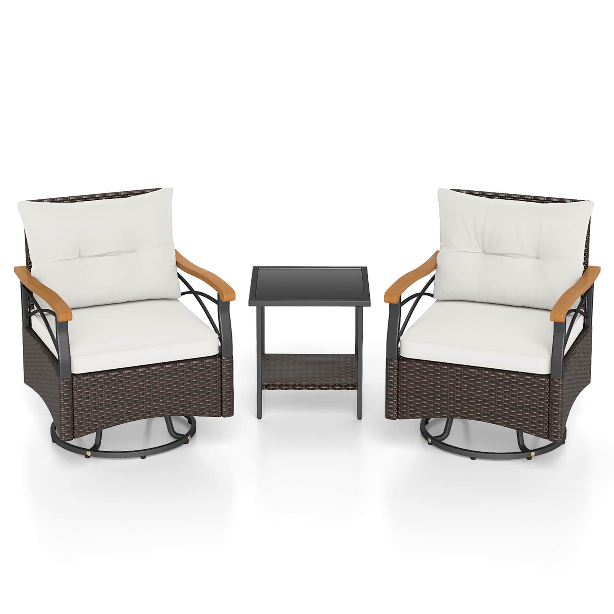 3 -Piece Rattan Patio Conversation Set with Off-white Cushions