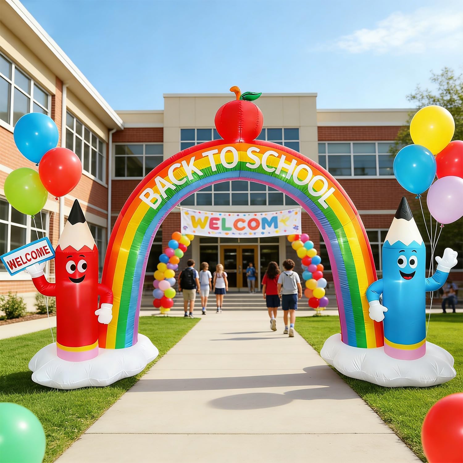 DomKom  12-FT Long Back to School Inflatable Archway Outdoor Decoration with Built-in LED Lights Heavy Duty Blow Up Pencil Crayon Rainbow Arch for 2026 First Day of School Kindergarten Graduation Yard Display Multi