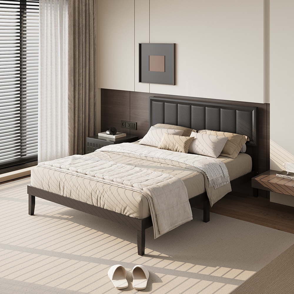 Homsee C-KF330155-01 Black Queen Size Solid Wood Bed Frame with Upholstered Linen Headboard and Reinforced Slat Support