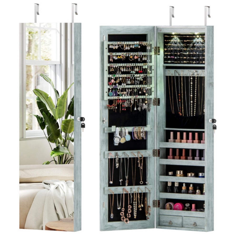 Fenbeli Wall or Door-Mount Jewelry Cabinet with 47-in Mirror and LED Lights