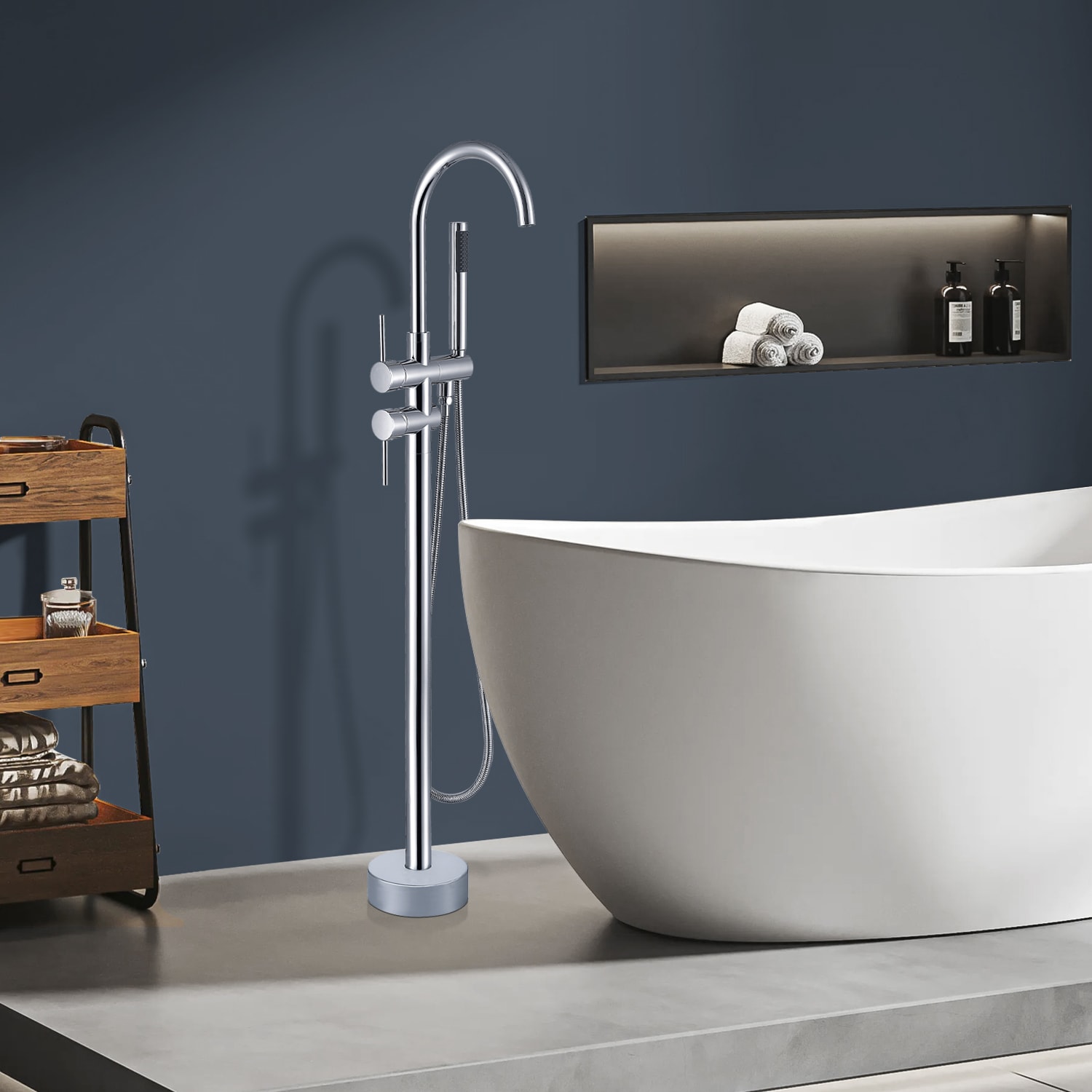 Topcraft FF012 Chrome 2-handle Freestanding High-arc Bathtub Faucet with Hand Shower