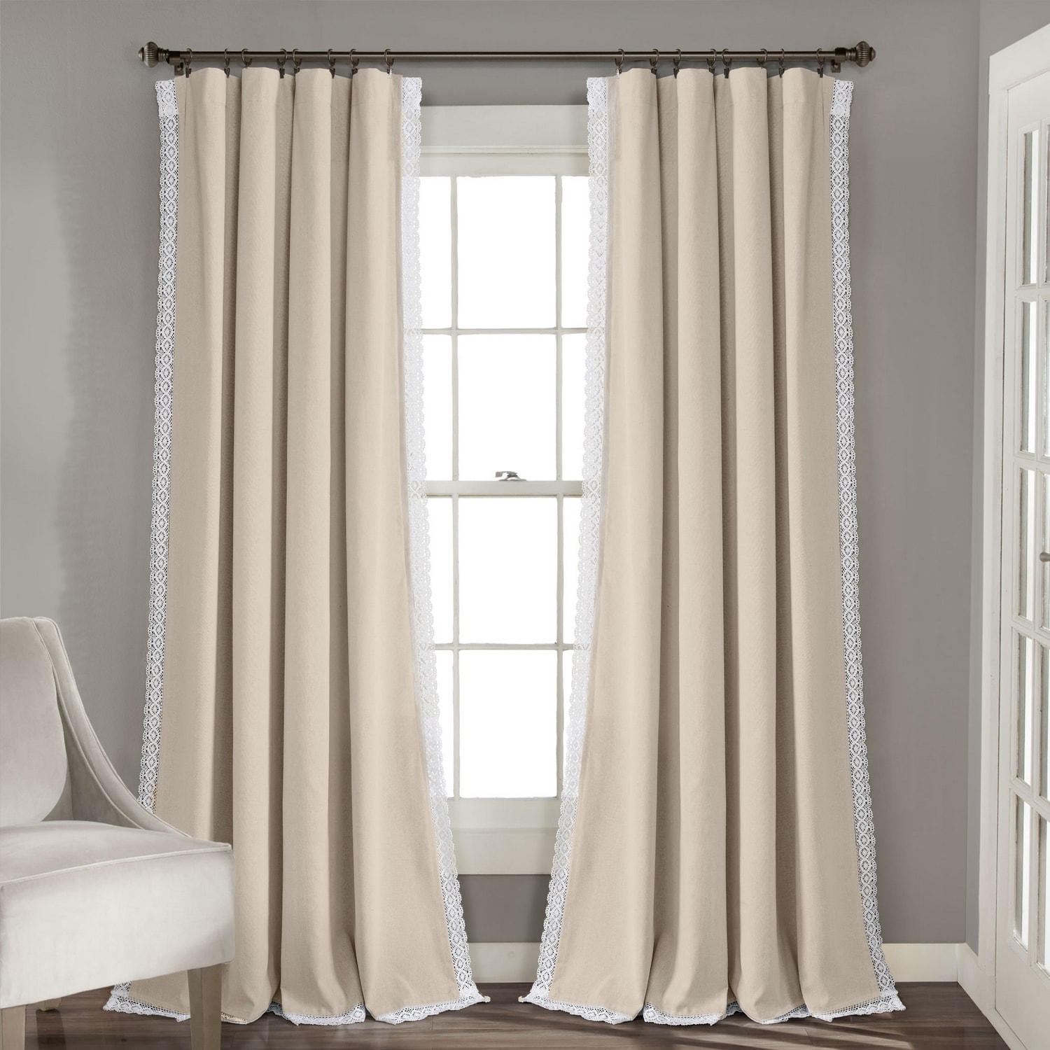 Neutral Linen Blend Sheer Panel Curtains with Lace Trim
