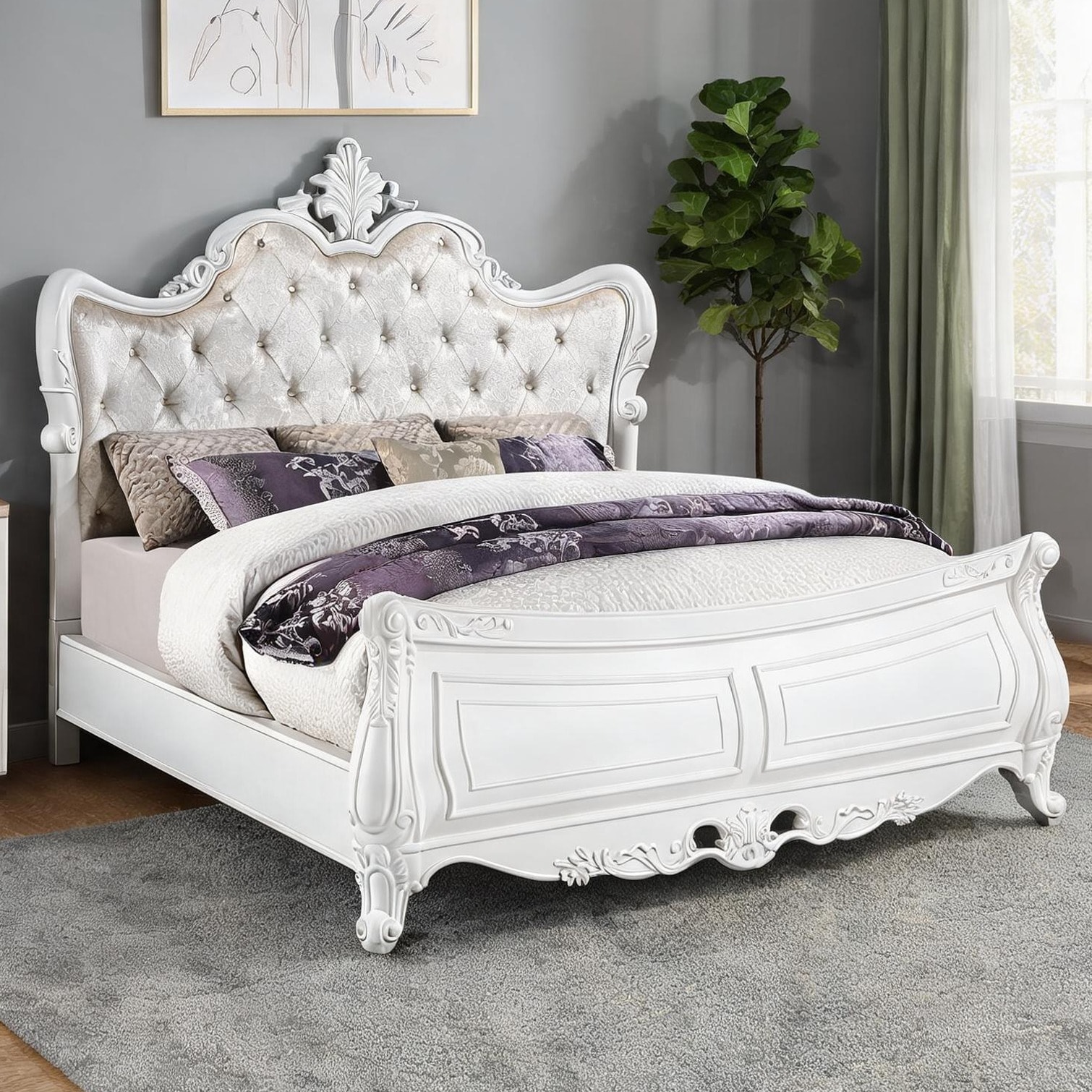 ACME FURNITURE Gorsedd Fabric and Antique White Queen Wood Panel