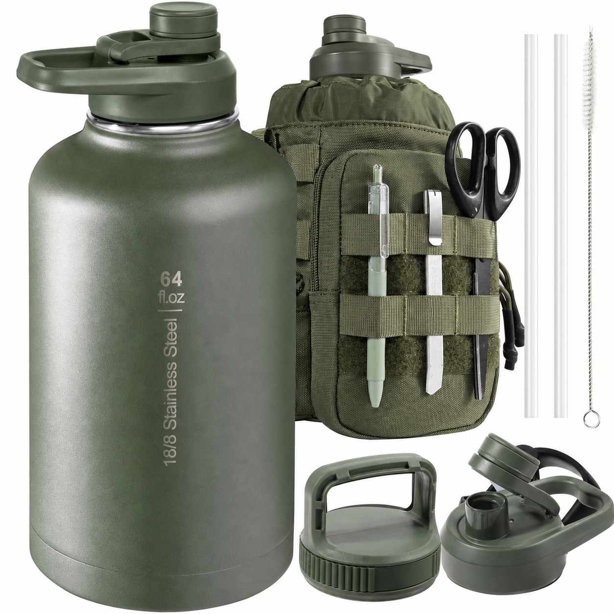 Aoibox  64 oz Leakproof Vacuum Insulated Stainless Steel Sports Water Jug with 3 Lids and Paracord Handle in Black