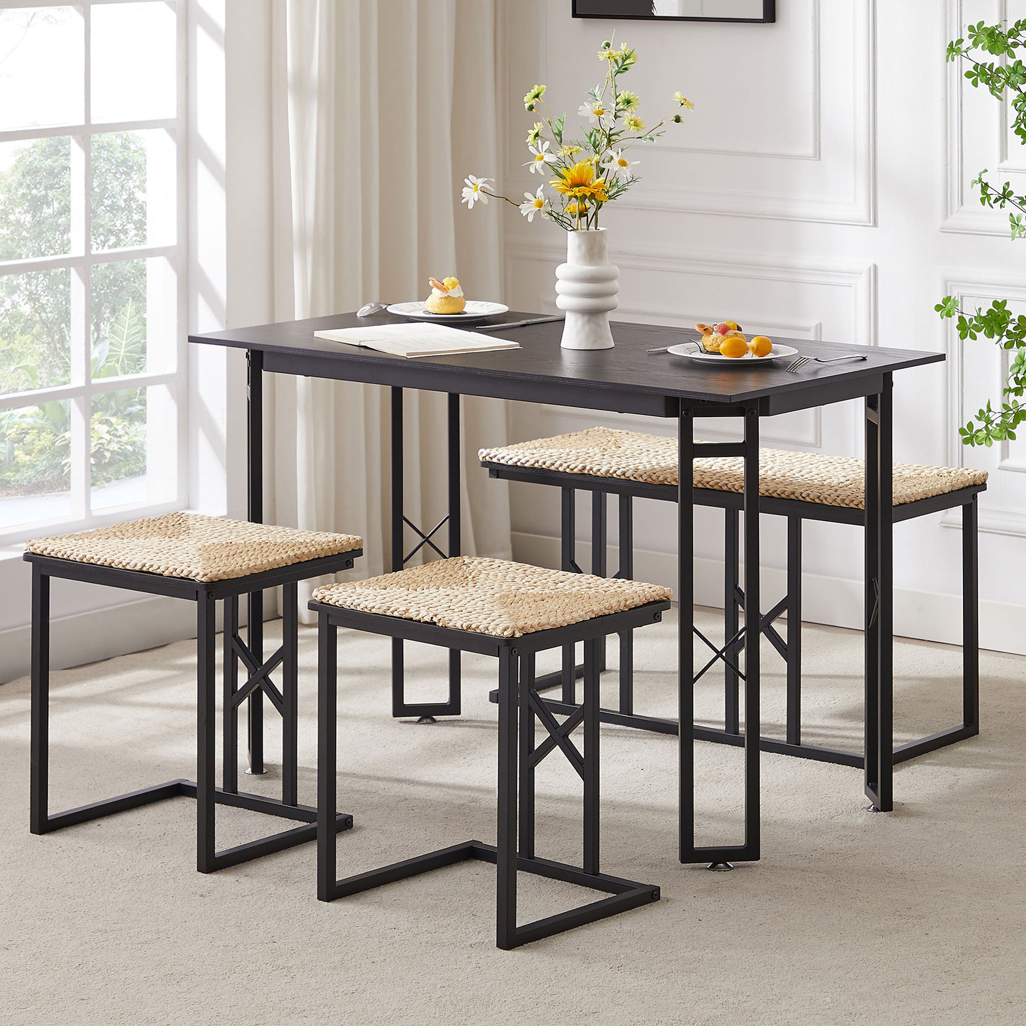 Vecelo LOE-TC16-BRN Farmhouse Dining Table Set for 4 with 3 Benches Metal Frame Dinette for Breakfast Nook and Home