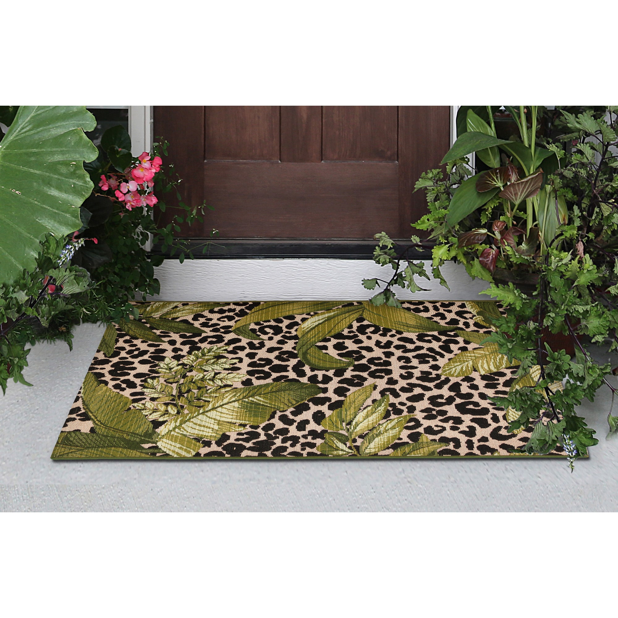 Black and Green Tropical Leopard Print Indoor/Outdoor Rug