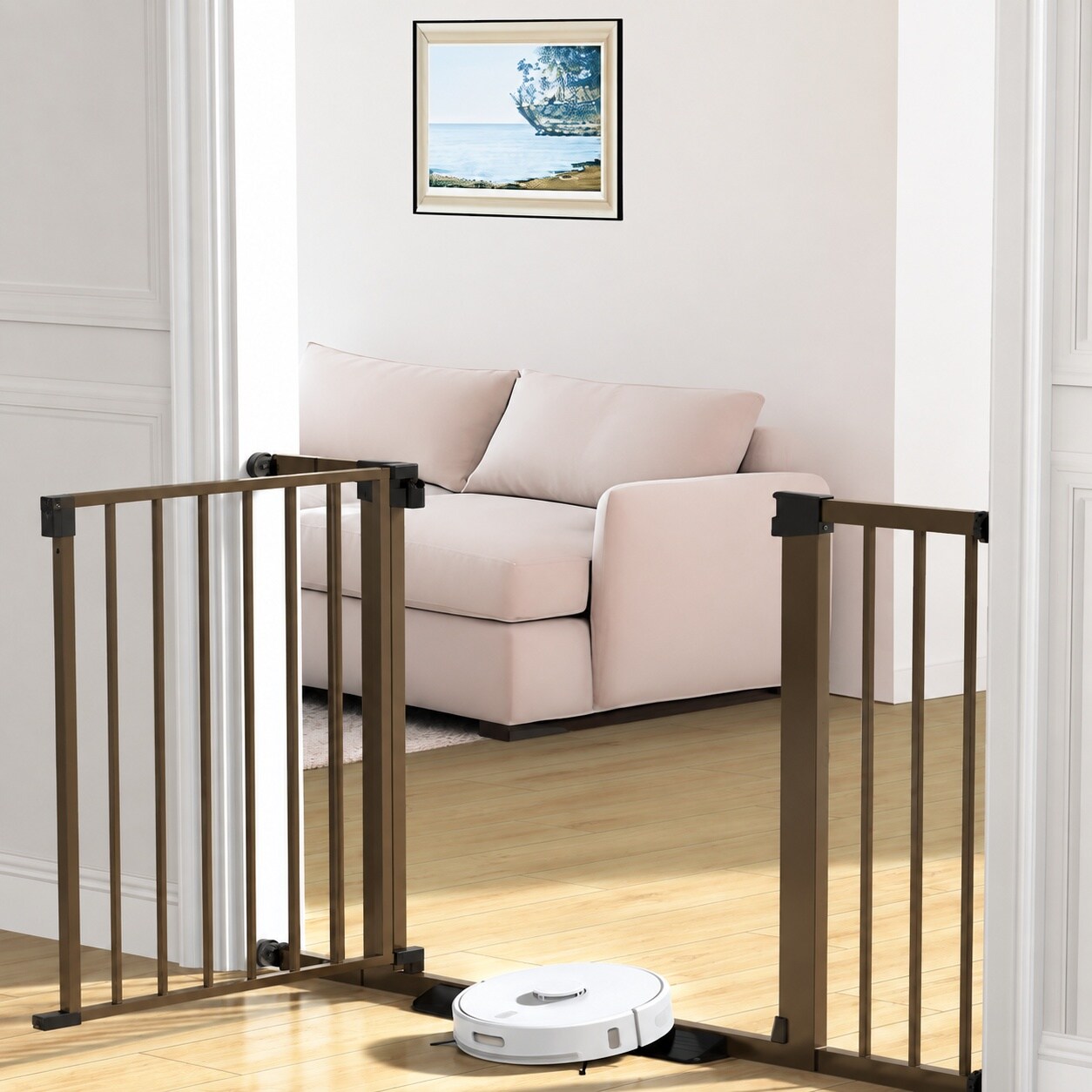 Misopily  Adjustable Baby Gate for Stairs Pressure Mounted Walk Thru Safety Gate Brown Fits Doorways 29.7 to 46 Inch Wide 30.5 Inch High