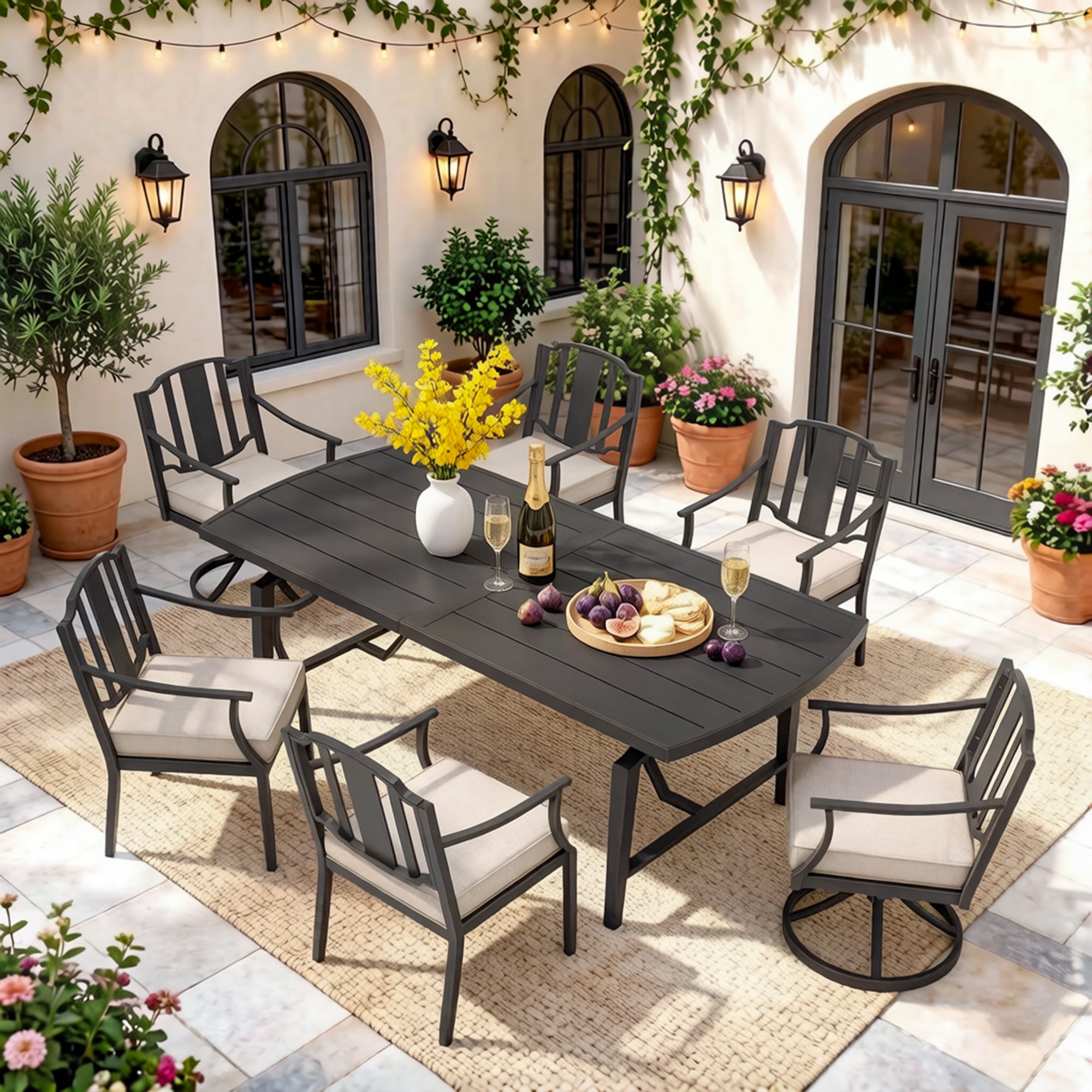 PEAK HOME FURNISHINGS 7 -Piece Brown Patio Dining Set Aluminum Rectangle Table with 6 Beige Cushions Stationary and Motion Chairs