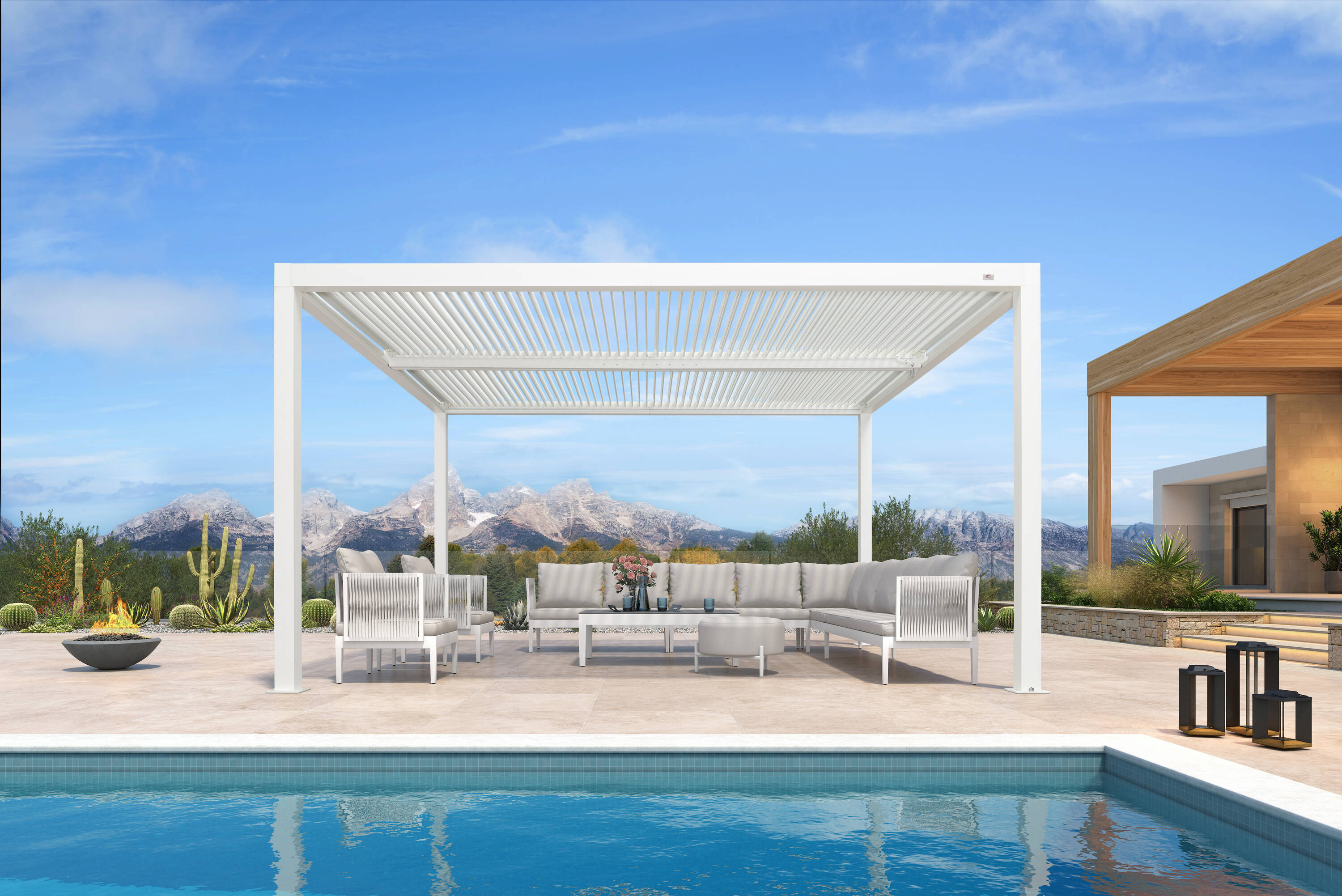 PURPLE LEAF LSXFBY1214-WT Louvered Pergola with Adjustable Roof 7-ft 8-in H White Metal Freestanding Pergola