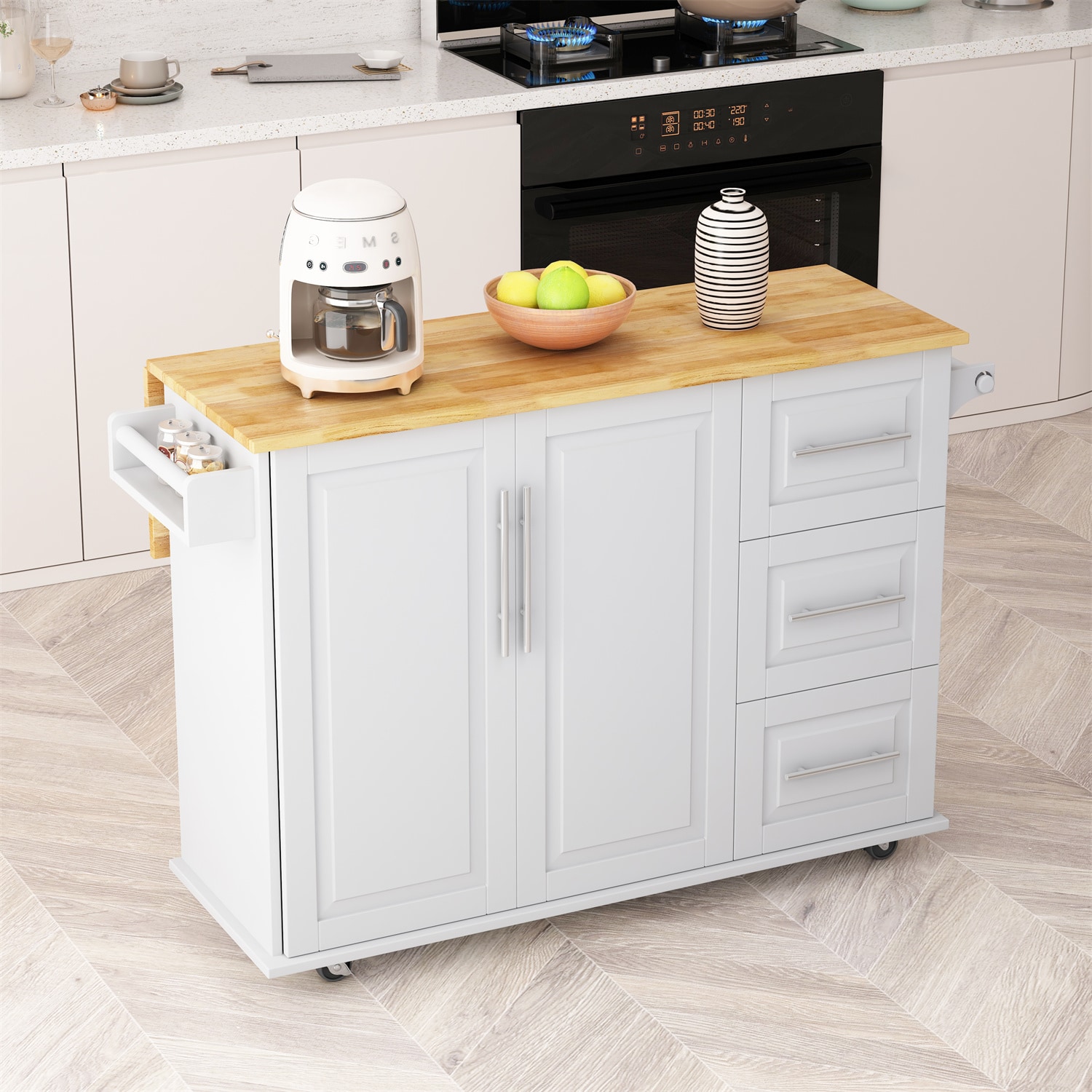 BABOOM BOM-5763043-OR White MDF Base with Wood Rolling Kitchen Island ( 29.92-Inches x 51.97-Inches x 36.02-Inches )
